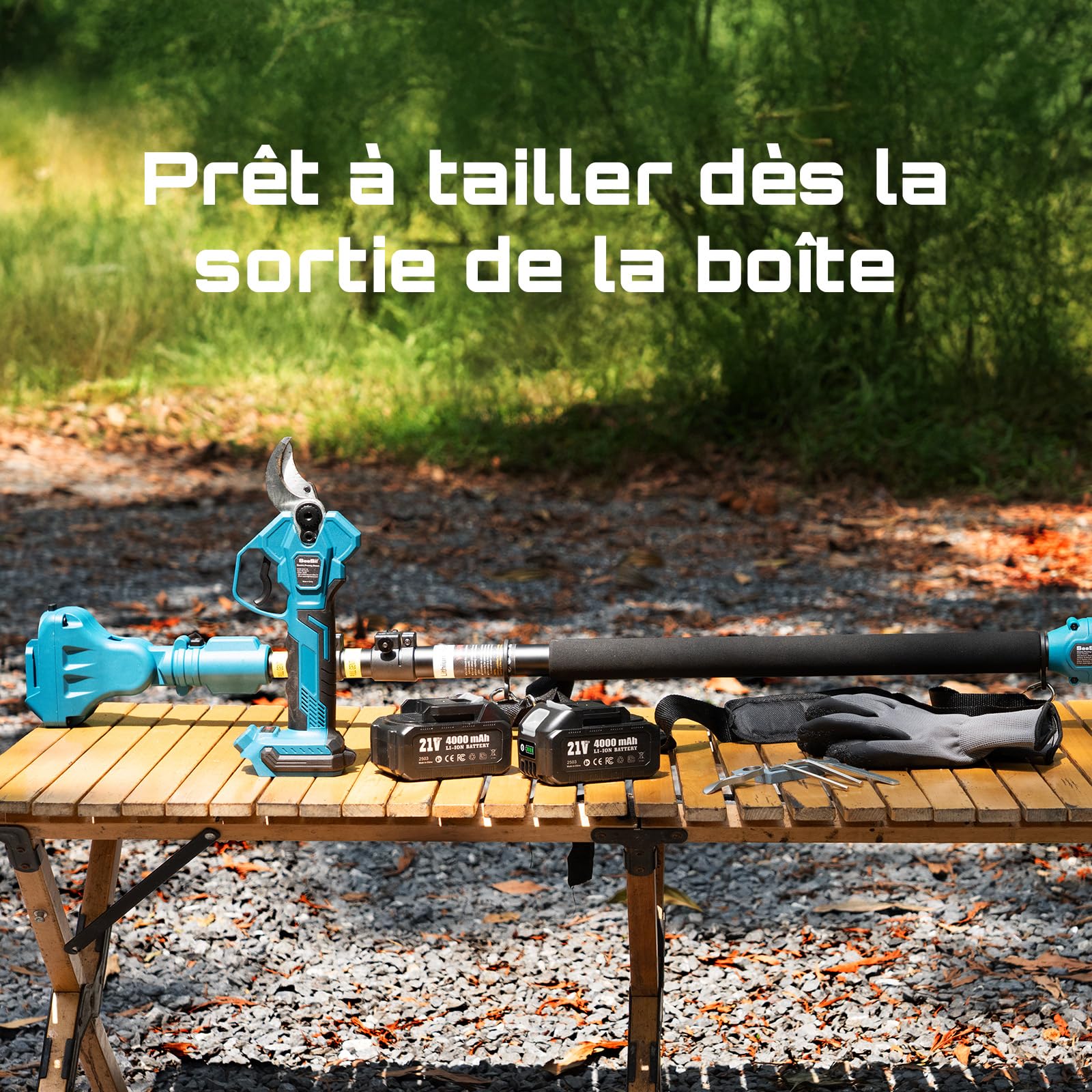 SEESII Sécateur Électrique Avec Perche, Coupe Max 45 mm, 2-en-1 Sécateur Électrique Sans Fil Télescopique, Portée Totale 4,5 m, 2 * 4,0Ah Batteries, Lame SK5, Jardin/Arbres/Fleurs PS041Pro