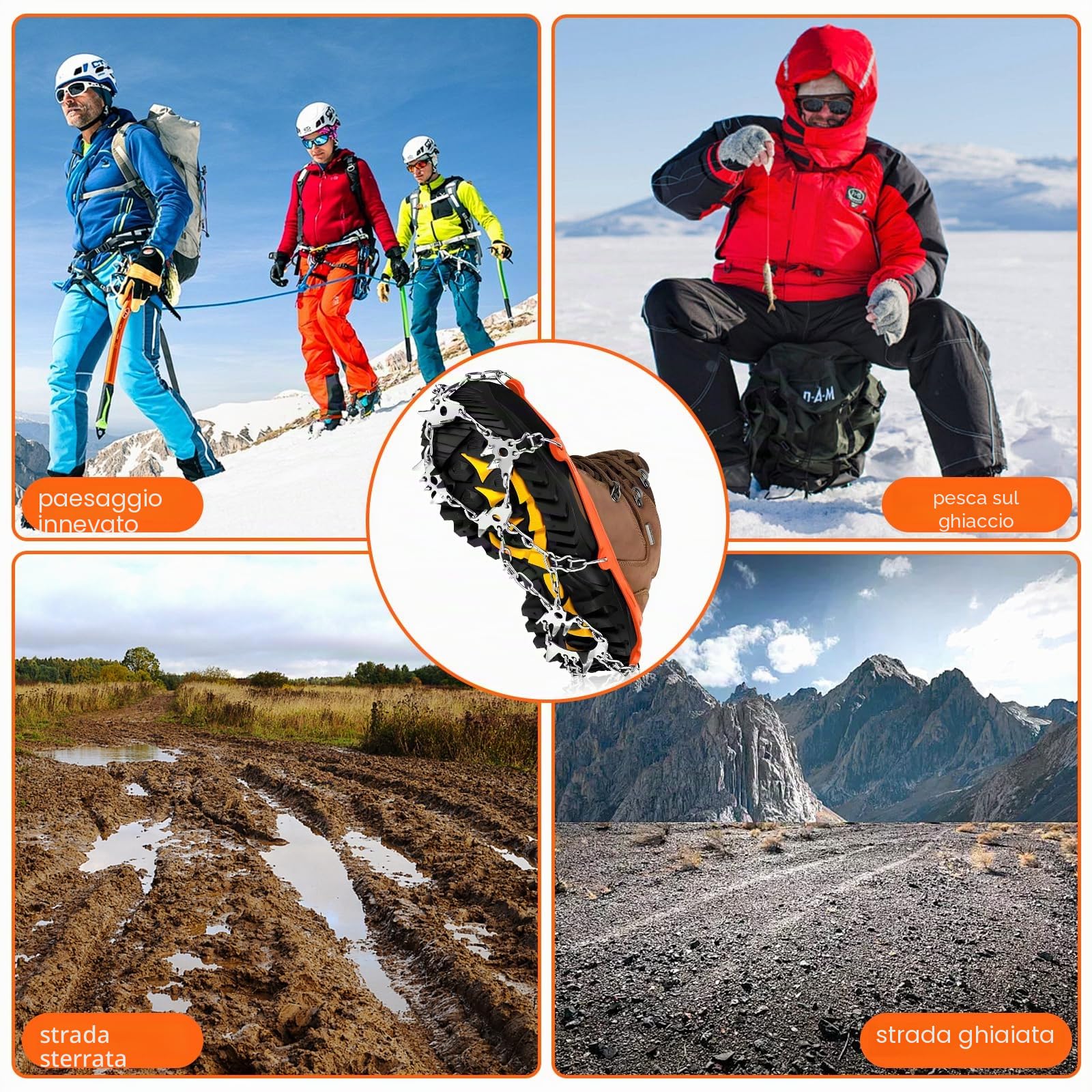 Ramponi per Scarponi,Ramponi da Ghiaccio per Scarponi,24 Denti,Portatile Ramponcini,per trekking invernale,Trekking Trail Running da Antiscivolo,Camminare su Neve e Ghiaccio Campeggio