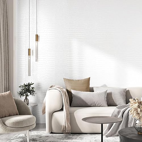 Miniatura 8 de Skyblur Papel tapiz de cocodrilo blanco para despegar y pegar, 118 x 24 pulgadas, papel tapiz texturizado de cocodrilo de piel sintética para