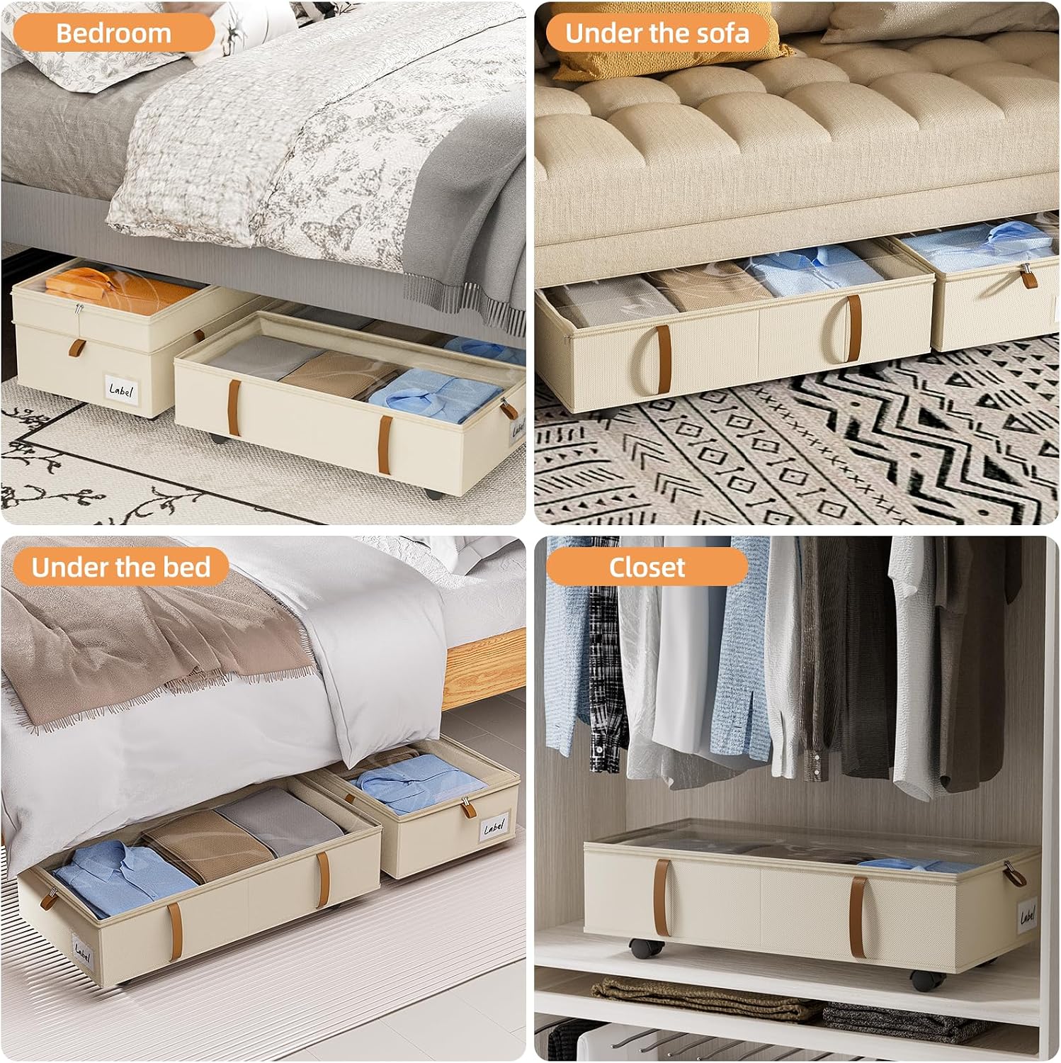 Under Bed Storage with Wheels，3 Pack Height-adjustable Under Bed Storage Containers, 6.5in-10in Tall Underbed Clothes Storage Organizer Bin with Clear Window，Foldable Box Basket for Clothes