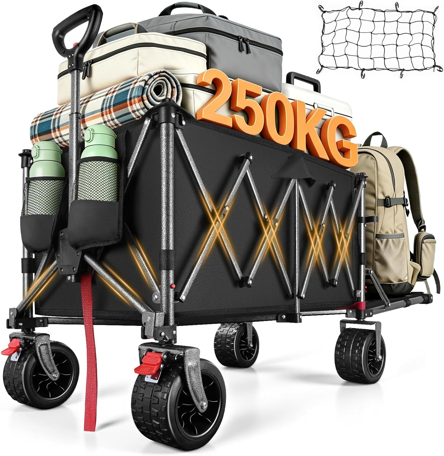 YEAUPE PRO Bollerwagen faltbar mit Feststellbremse, 66L 50kg, Faltbarer Bollerwagen aus 4 Richtungen, Höhenverstellbarer Griff & Seitenöffnung für Garten, Camping, Strandwagen & Einkaufen, Schwarz