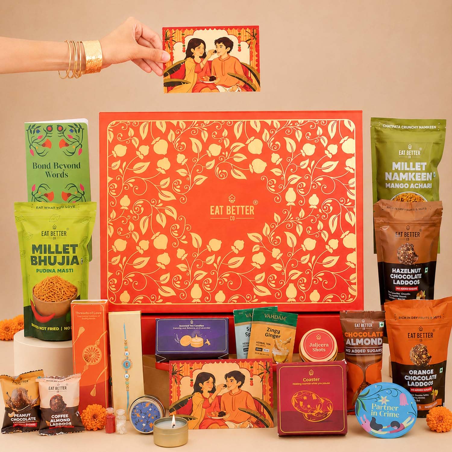 Eat Better Co - Tyohaar - 16-Item Rakhi Gift Hamper For Brother – Chocolate Coated Almonds, Hazelnut Dry-Fruit Laddoos, Premium Evil-eye Rakhi | Rakhi for Brother with Gift Combo Set-image-17
