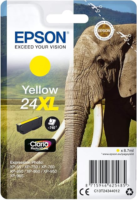 Epson 24XL Yellow Elephant High Yield Genuine, Claria Photo HD Ink Cartridge, XL High Capacity