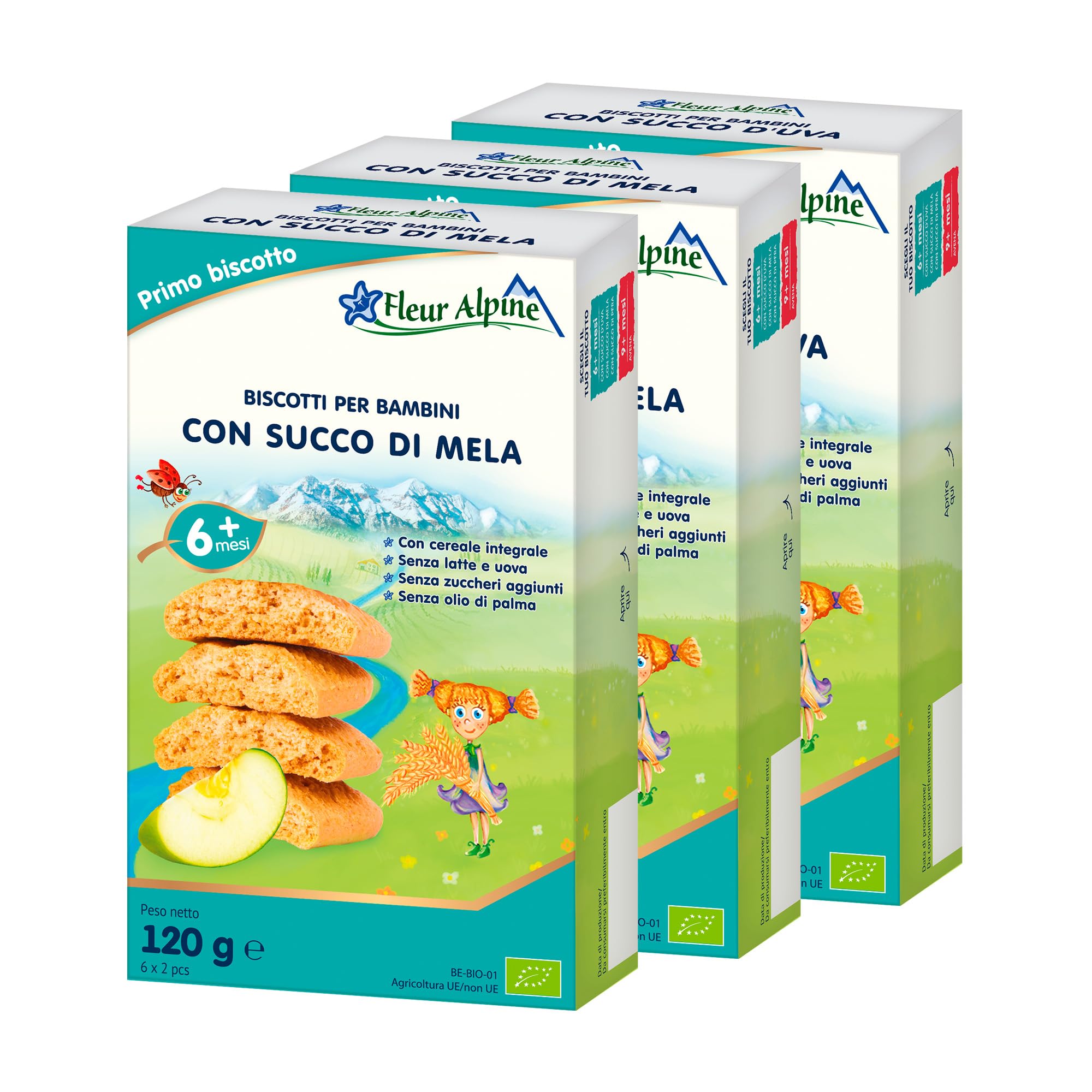 FLEUR ALPINE Biscotti Baby con Succo di Mela, 3x120g I Snack Alimento Completo per Bambini dai 6 Mesi in Su I Snack Fette Biscottate Integrali senza Zuccheri Aggiunti I 18x2 Biscotti