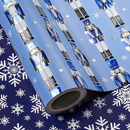 Vista 43 de WRAPAHOLIC Papel de regalo reversible de Navidad, mini rollo, 17 pulgadas x 33 pies, diseño de gnomo azul morado y cuadros con brillo metálico