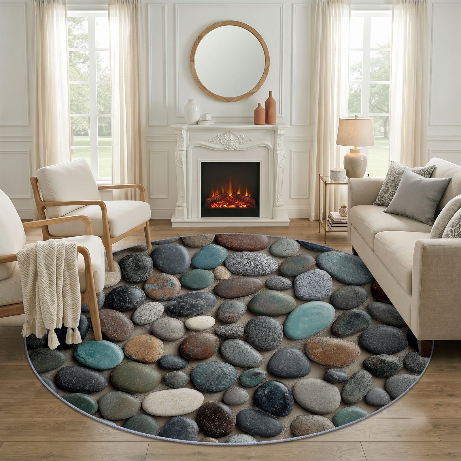 Naturel Rustique Grand Tapis Rond à Motif Galets Pierres Plage pour Salon Chambre à Coucher Salle de Bain Couloir décoration, Lavable en Machine Pile Courte et Douce, Gris, 200 cm