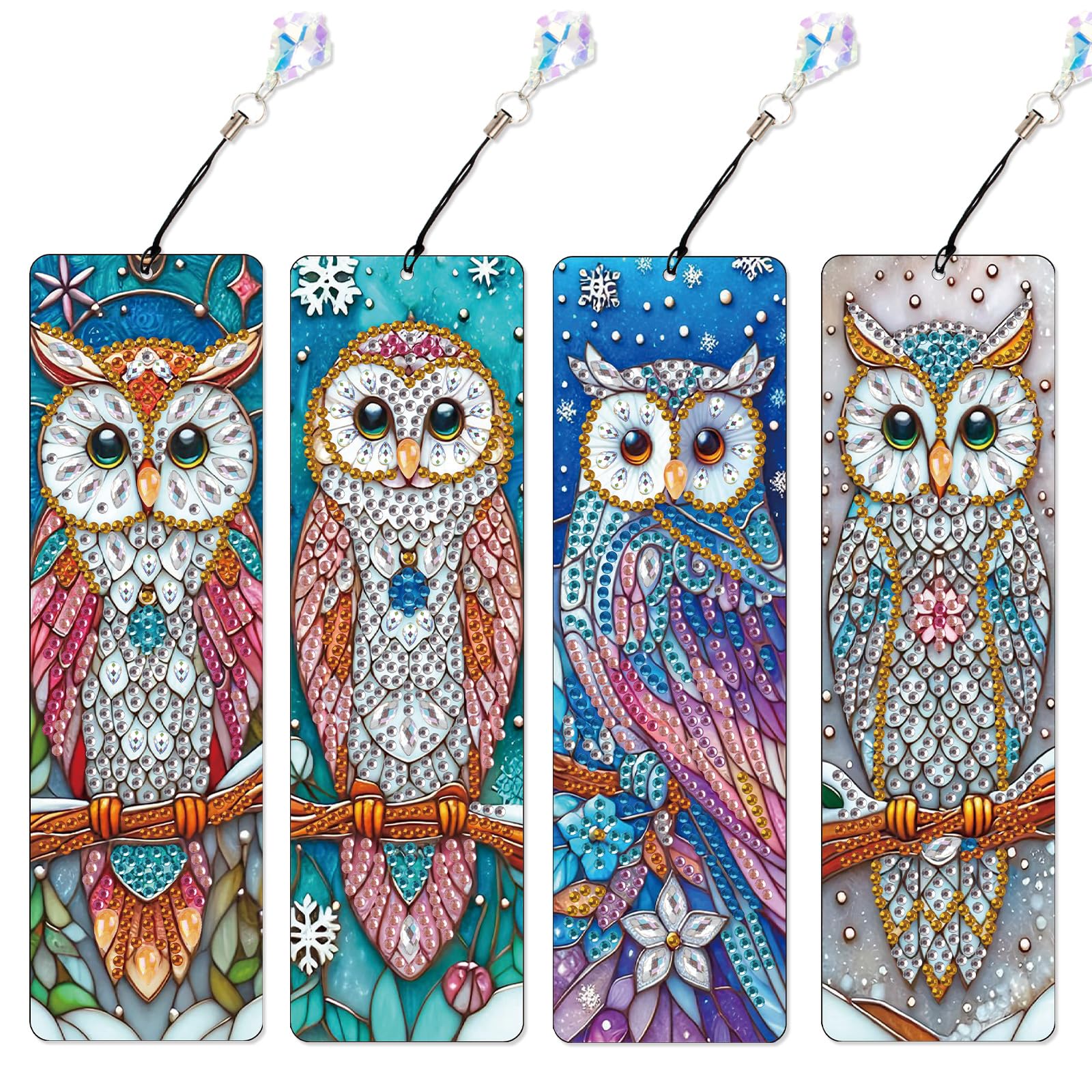 4 Pcs Diamond Painting Bookmarks, Owl DIY 5D Special Shaped Rhinestone Bookmark Kits for Adults, Handmade Diamond Art Bookmark with Tassel Pendant for Reading Gifts
