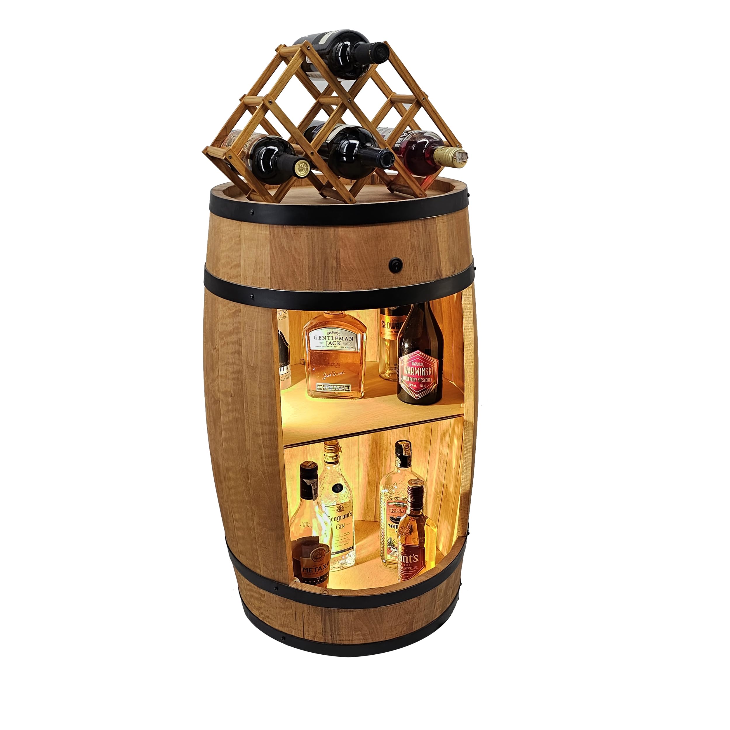CREATIVE COOPER Barile di Legno a LED Con Portabottiglie per Vino, 80 x 50 cm, Decorazione Rustica per Bar, Whisky (Rovere)