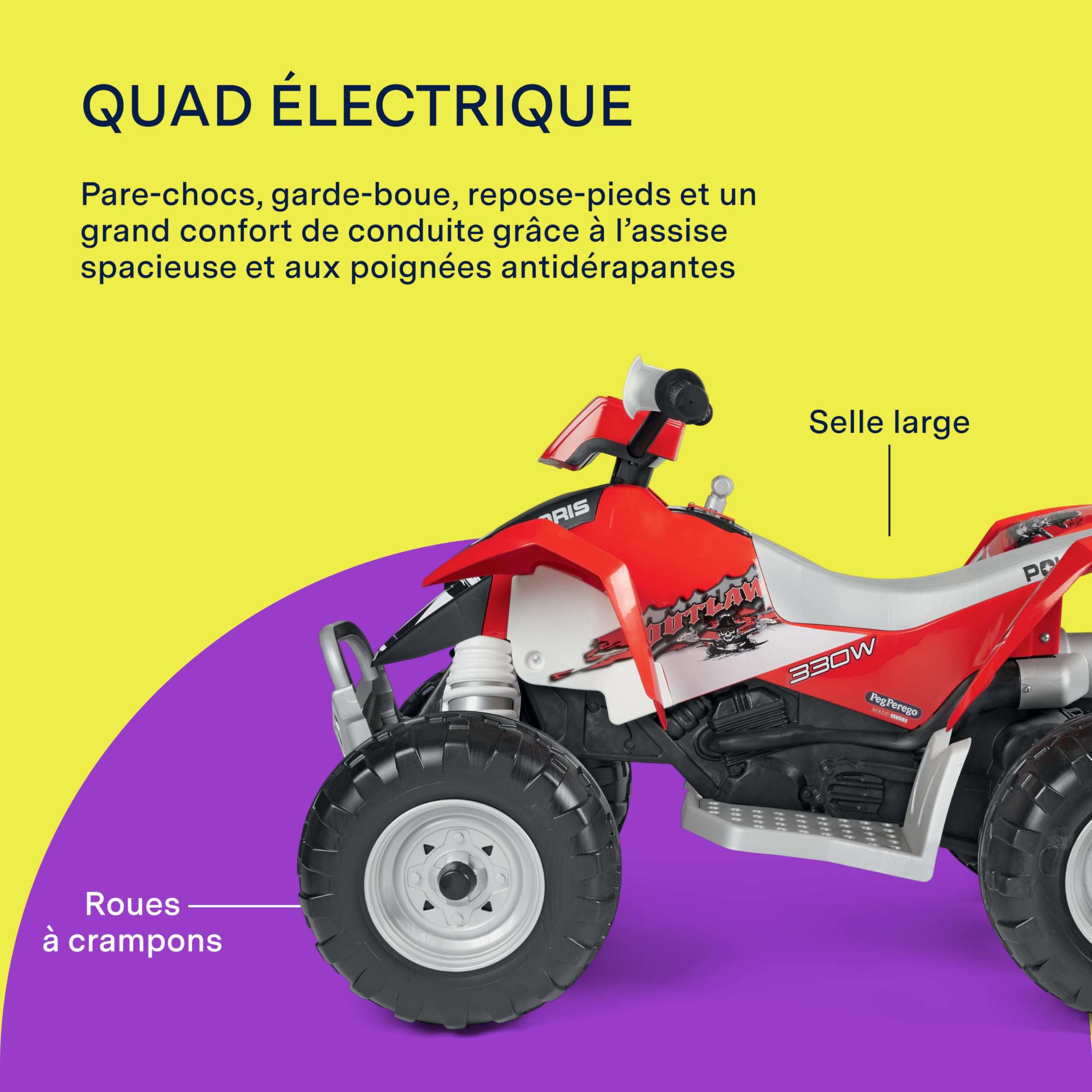 PEG Polaris Outlaw 330W Quad Électrique pour Enfants dès 3 Ans, Véhicule Électrique avec Batterie Rechargeable 12V, Tableau de Bord Multifonction, Musique, Lumières et Sons