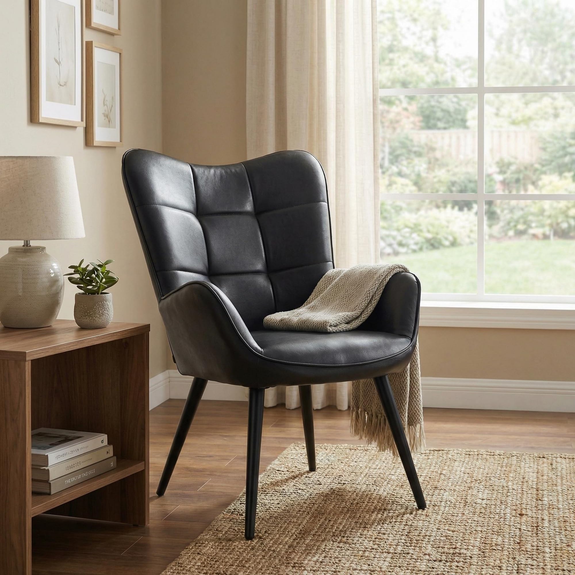 Relaxsessel Loungesessel Polstersessel Mit X-Holzrahmen & Wasserdicht, Kunstleder Ohrensessel Lesesessel Bequem Für Wohnzimmer Schlafzimmer Esszimmer Büro, Bis 150kg, Schwarz