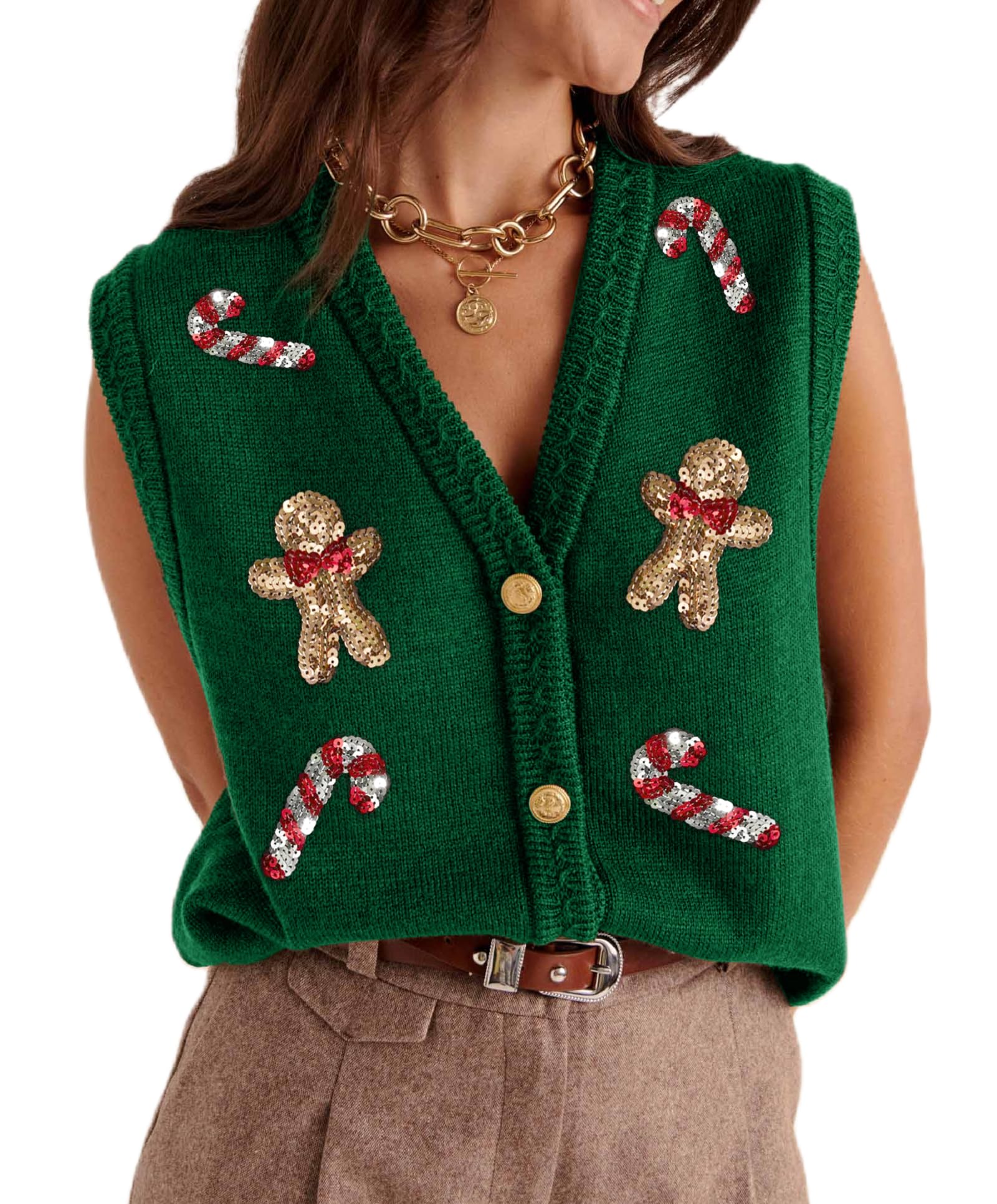 Women Christmas Sweater Vest Button Front V Neck Knit Vest Cute Embroidered Sleeveless Cardigan Xmas Clothes