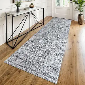 KUTA Vintage Washable Runner Rug, 2.6x8 Runners for Hallways Non-Slip Vintage Grey White Floral Kitchen Rugs Soft Printed Tribal Floor Carpet for Bedroom Living Room Nursery
