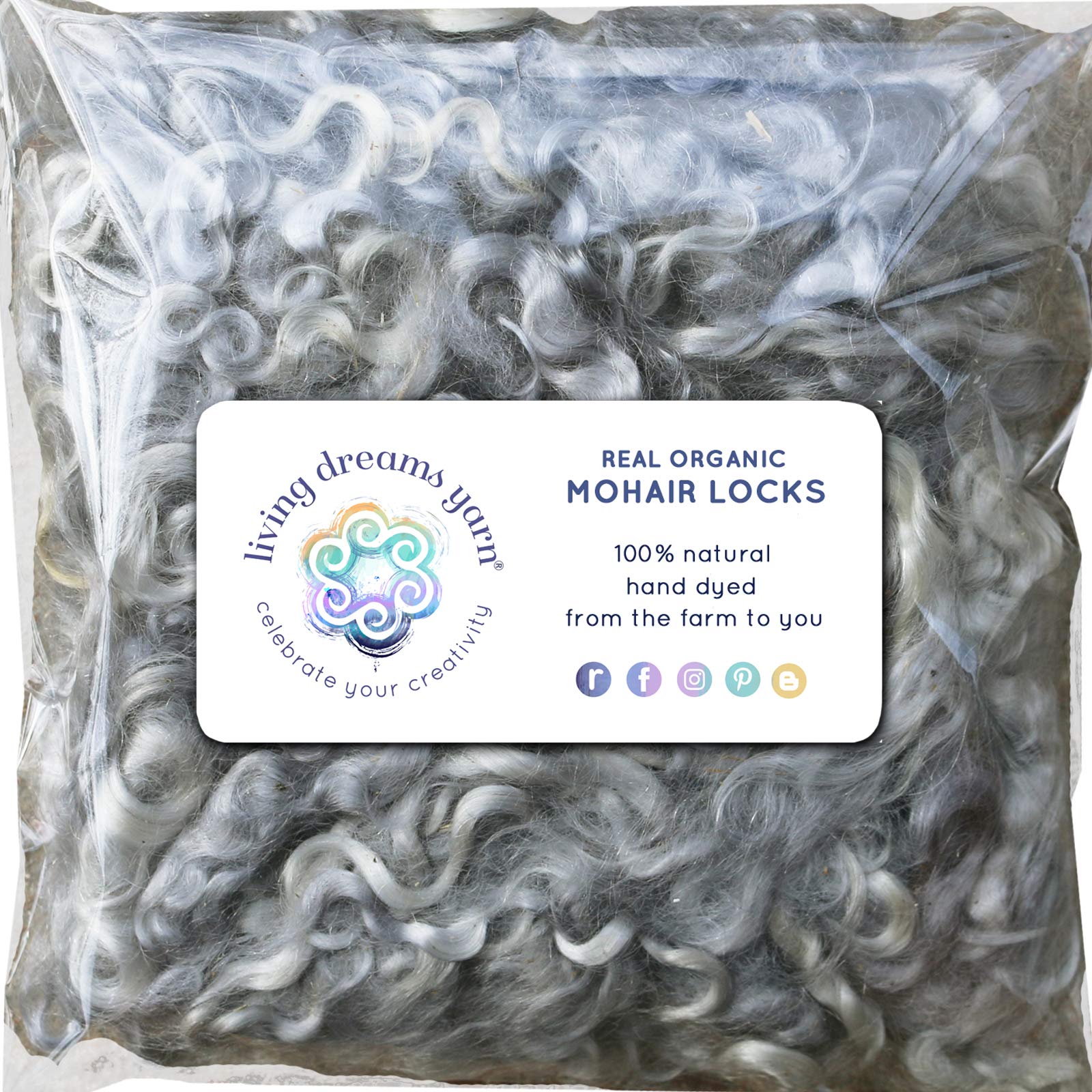 Living Dreams Yarn Real Mohair Locks. Hand Dyed Wool Fiber for Rooting, Felting, Blending, Spinning, Wallhangings and Embellishments. Silver, 1 Ounce (28g)