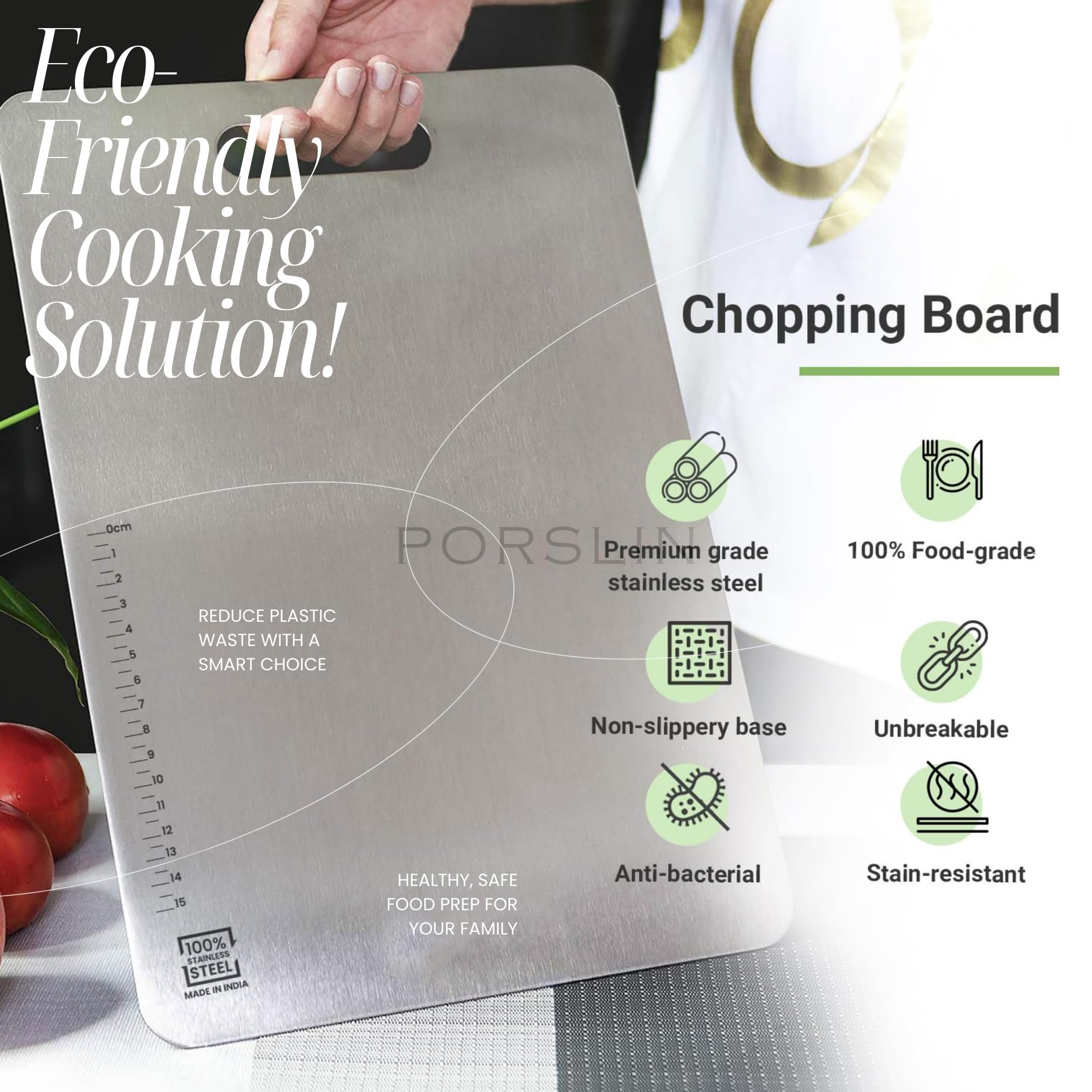 Porslin by Chef Stainless Steel Chopping Board, Chopping Board Steel Vegetable Cutting Board Steel for Kitchen Use, SS Chopper Board, Metal Cutter Board 31 X 21cm, Premium, Heavy Duty