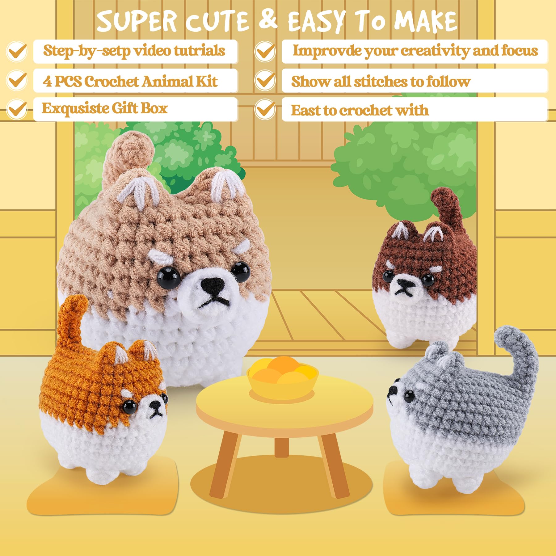 Lot De 2 Peluches Au Crochet Shiba Inu Et Phoque - Laine Douce, Avec Message D'encouragement, Décoration Mignonne