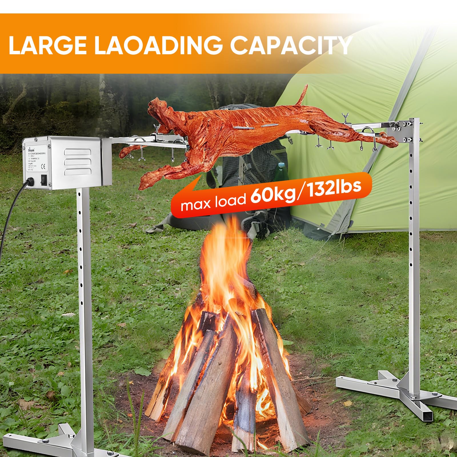 SP-S40 15W 60KG/132LBS Motore Elettrico per Barbecue in Acciaio Inox, 2.7 RPM Motore Professionale per Barbecue, Pollo, Maiale, Capra alla griglia all'aperto
