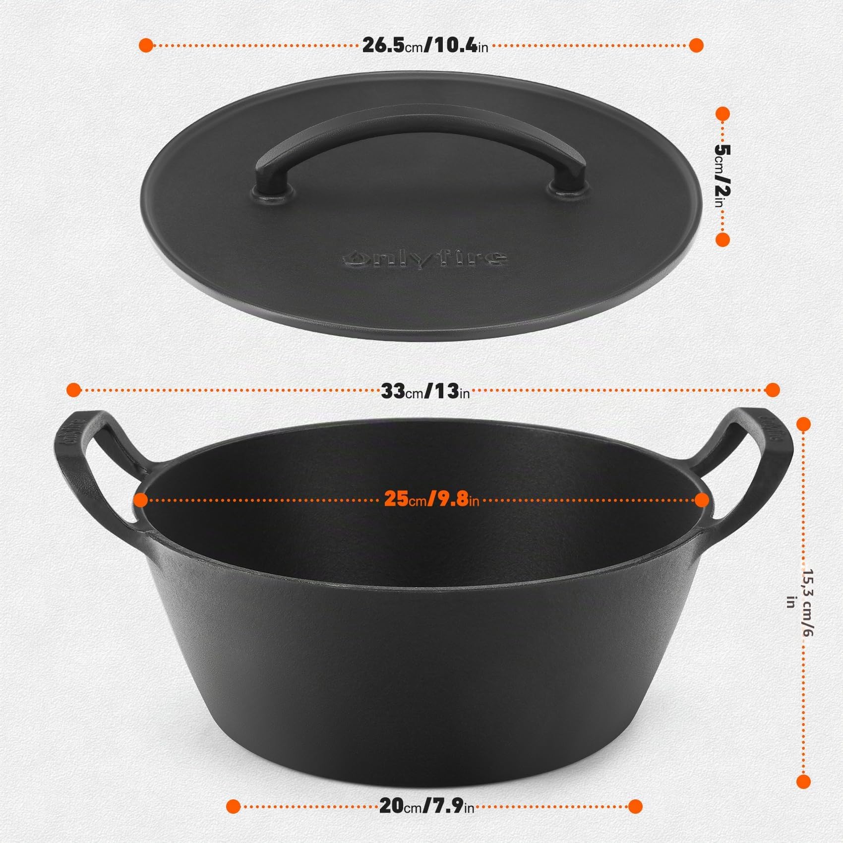 Onlyfire 25cm Gusseisen Topf Brot Backen mit Deckel | Gusseisentopf Schmortopf Dutch Oven mit 2 Griffe zum Kochen, Braten, Schmoren & Grillen