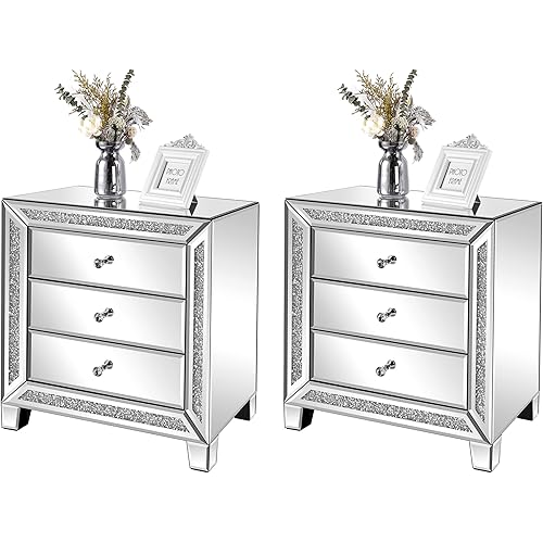 VINGLI Mirrored Nightstands Set of 2, 23" W Glass Mirror Night Stand Set of 2, Modern Bedside Table 3 Drawer Glass Side End Table Silver Dresser for Bedroom, 23”W x 13.8”D x 24.8”H