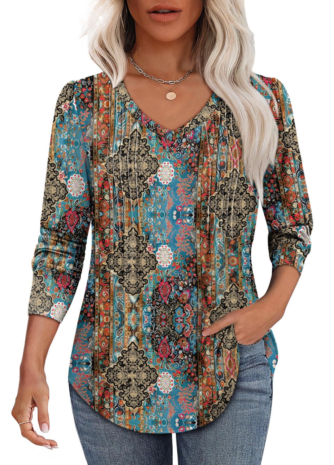 Alaroo Womens Long Sleeve Shirts Pleated V Neck Curved Hem Fall Winter Tunic Tops Blouses Print