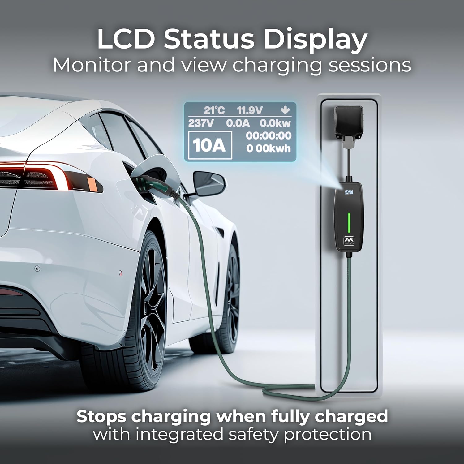 Close-up of Masterplug EV charger LCD display showing charging status