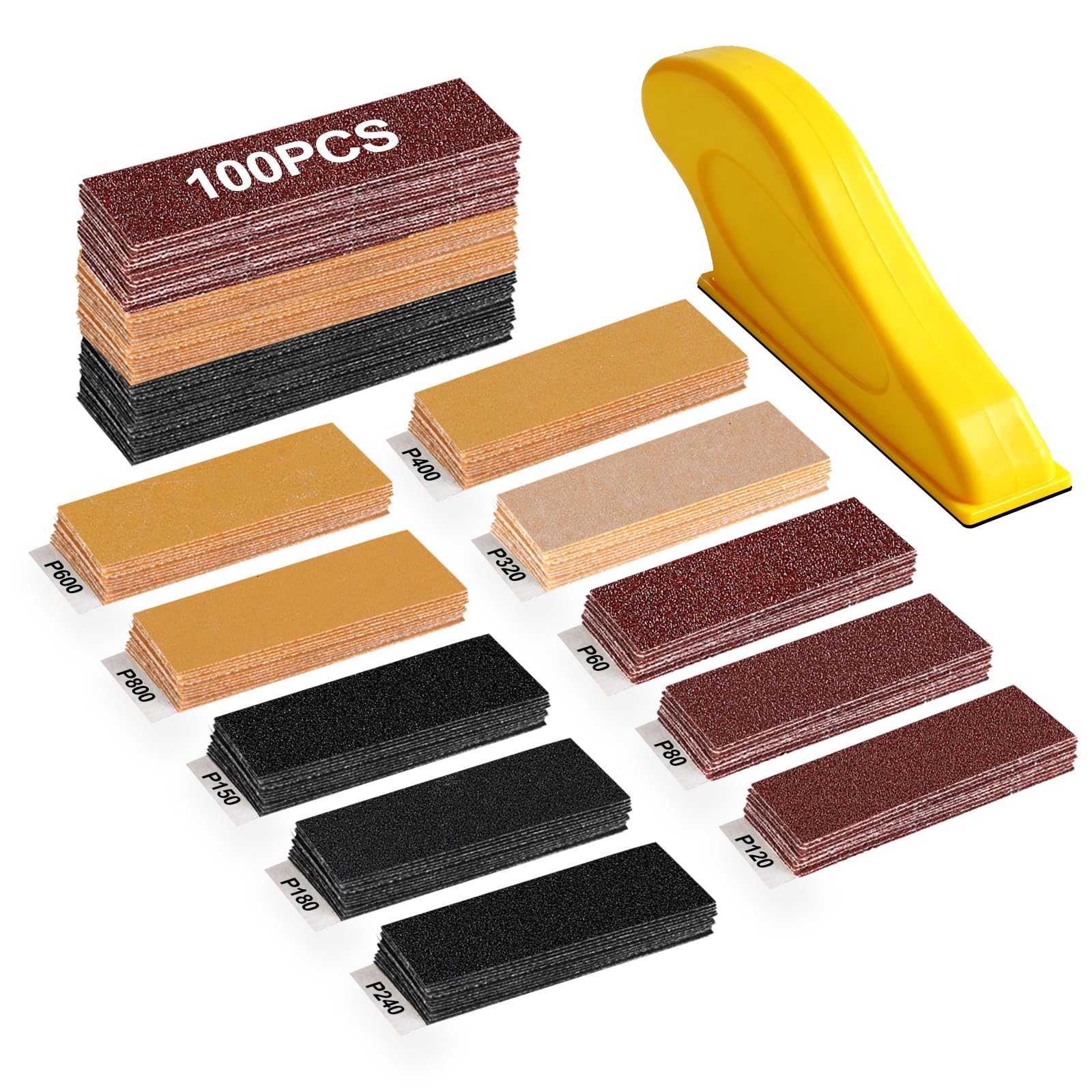 100PCS Micro Detail Sander Kit, 3-in-1 Precision Mini Finger Sander | 60-800 Grit Sandpaper with Small Hand Sanding Blocks, Ideal for Wood, Crafts, Furniture, Tight Spaces and DIY Projects