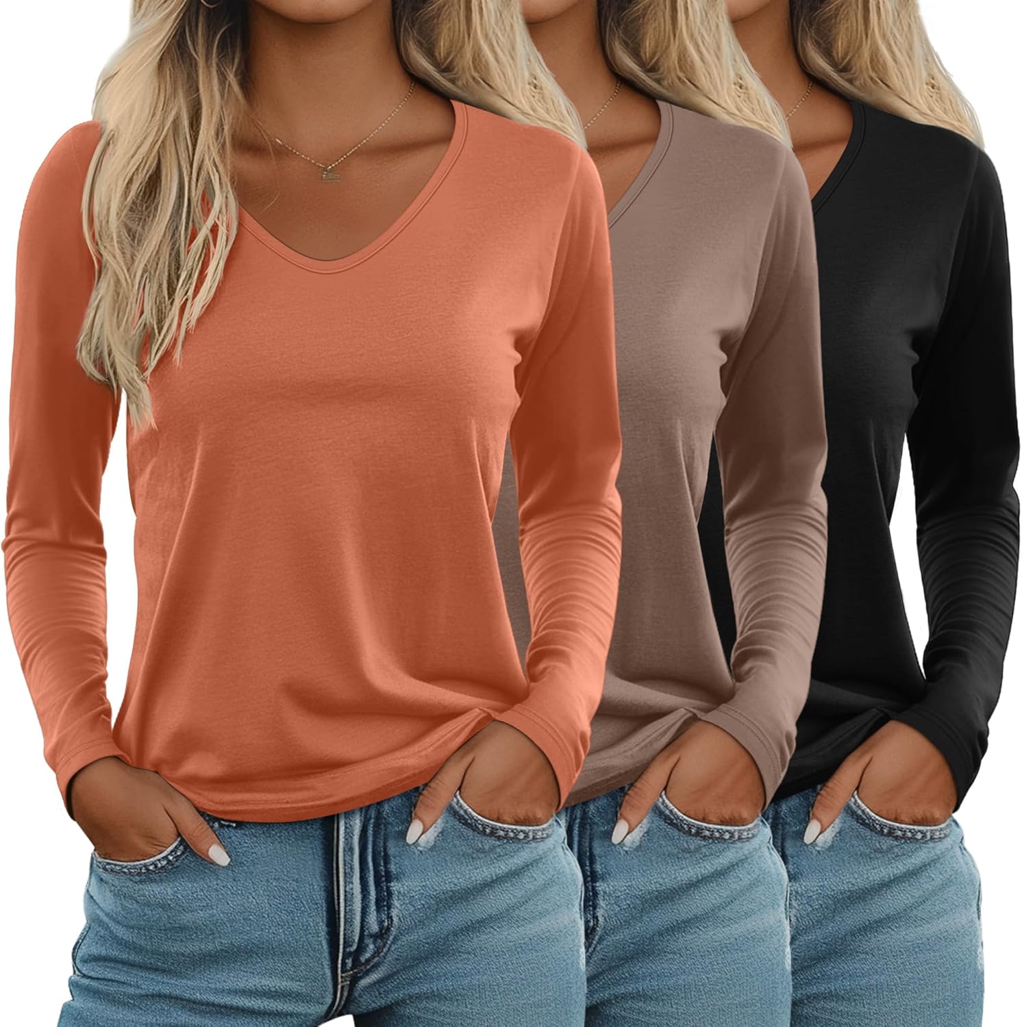 Ficerd 3 Pack Women's Long Sleeve T Shirts, V Neck Basic Tops Fall Casual Trendy Tees Loose Fit Soft Clothes Outfits