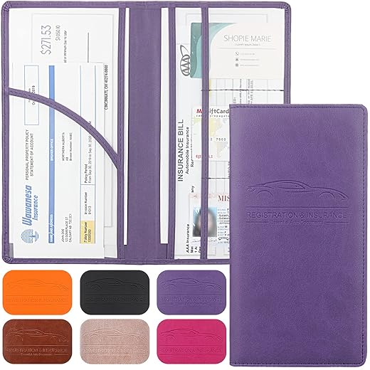Premium Car Registration & Insurance Card Holder with Magnetic Shut, Vehicle Glove Box Car Organizer - For Documents, Cards, License (Purple)