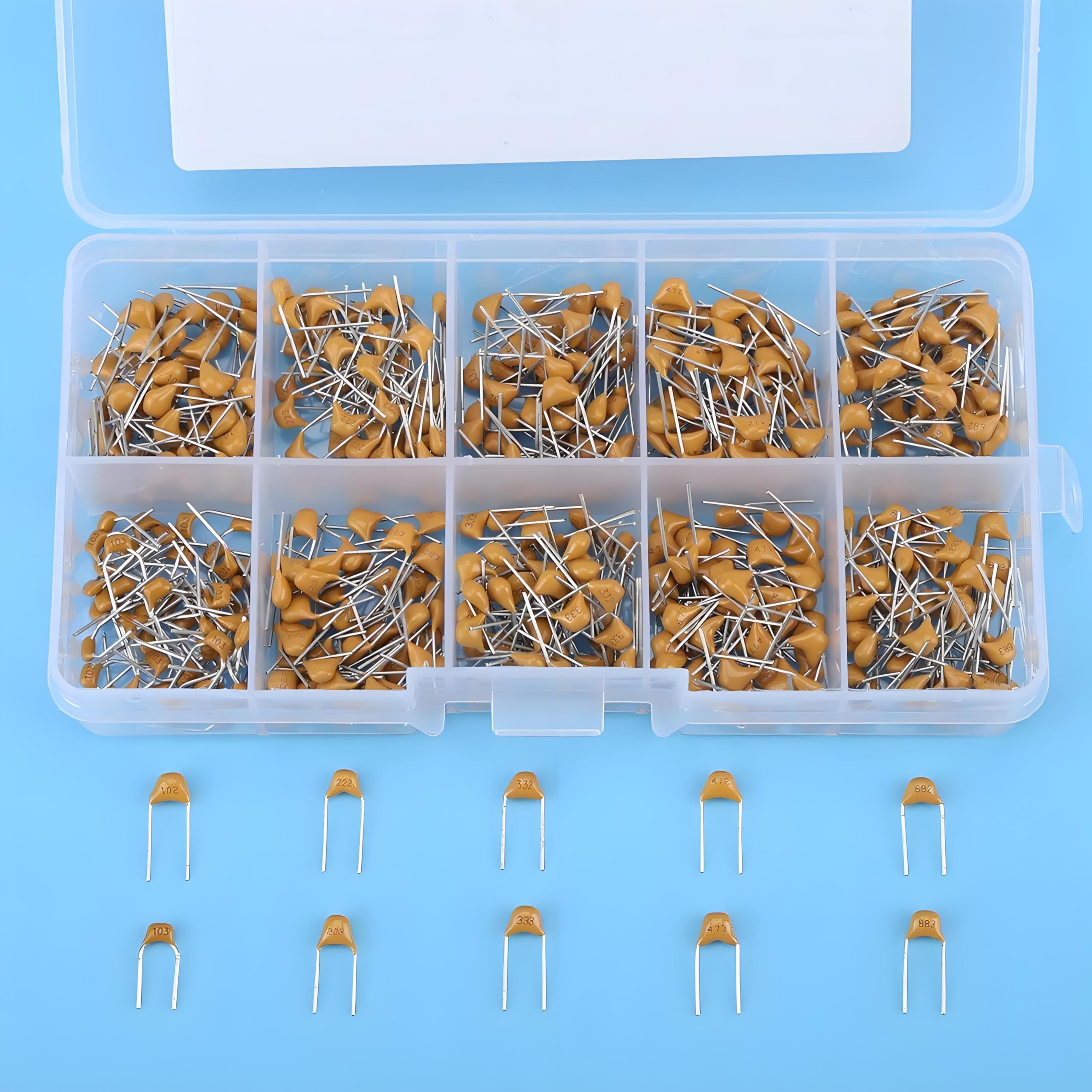 Ceramiczny zestaw kondensatorów, 500 sztuk 10 wartości 50 V Multilayer Monolithic Capacitor Kit, 1nF / 2.2nF / 3.3nF / 4.7nF / 6.8nF / 10nF / 22nF / 33nF / 47nF / 68nF Capacitor