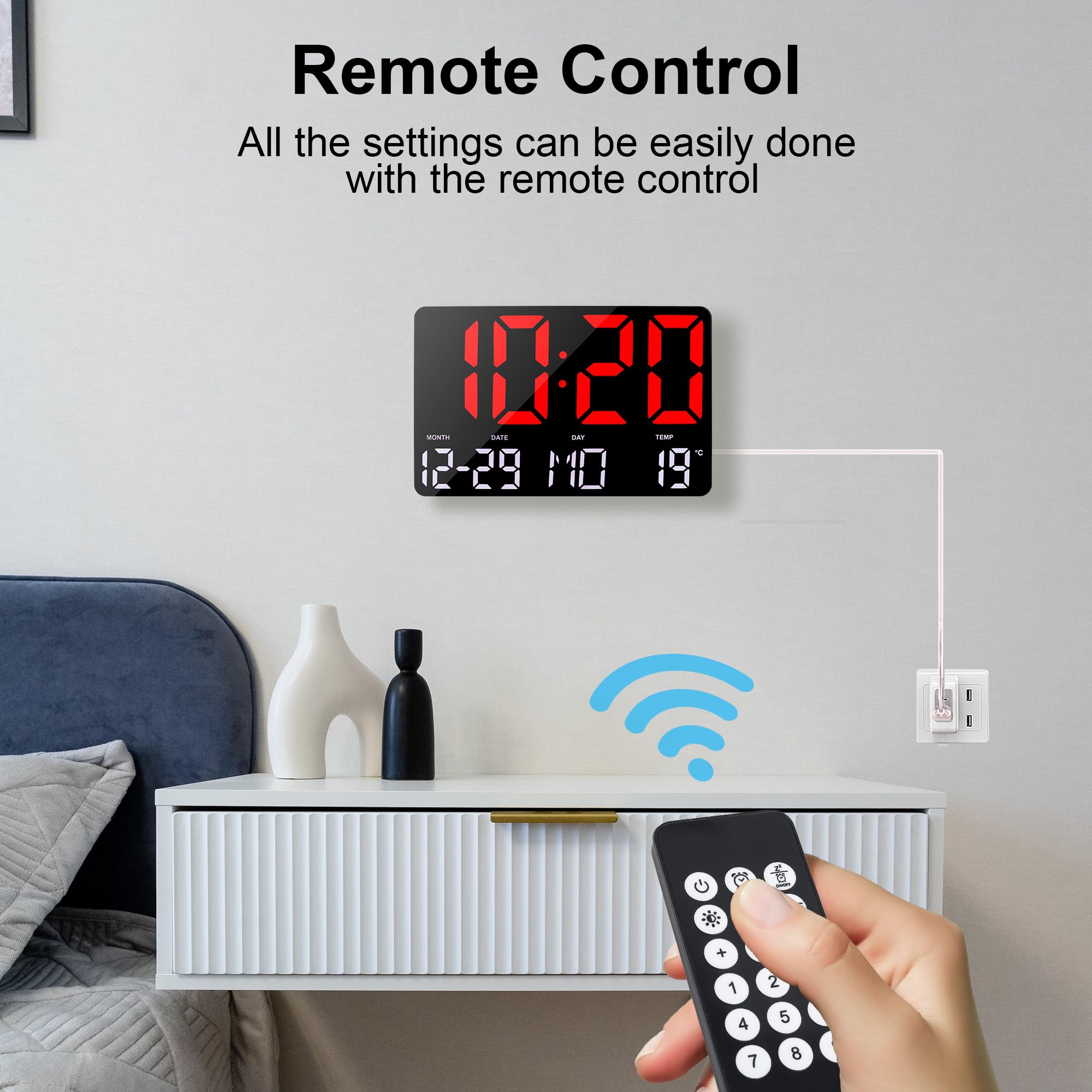 Lafocuse Orologio da Parete Digitale 12" LED Grande, Orologio da Tavolo Scrivania con Telecomando, Temperatura, Calendario, Sveglia, Snooze, 12/24 Ore per Cameretta Soggiorno Cucina Casa, Rosso