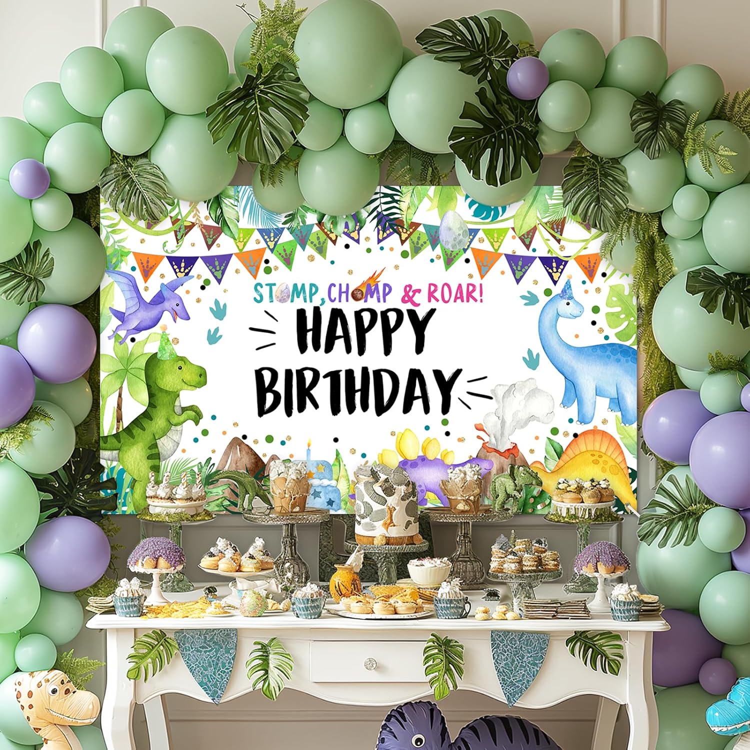 Avezano Dinosaur Birthday Banner Watercolor Jungle Happy Birthday Banner for Kids Dino Party Decorations Photography Background 6 x 3.6 ft