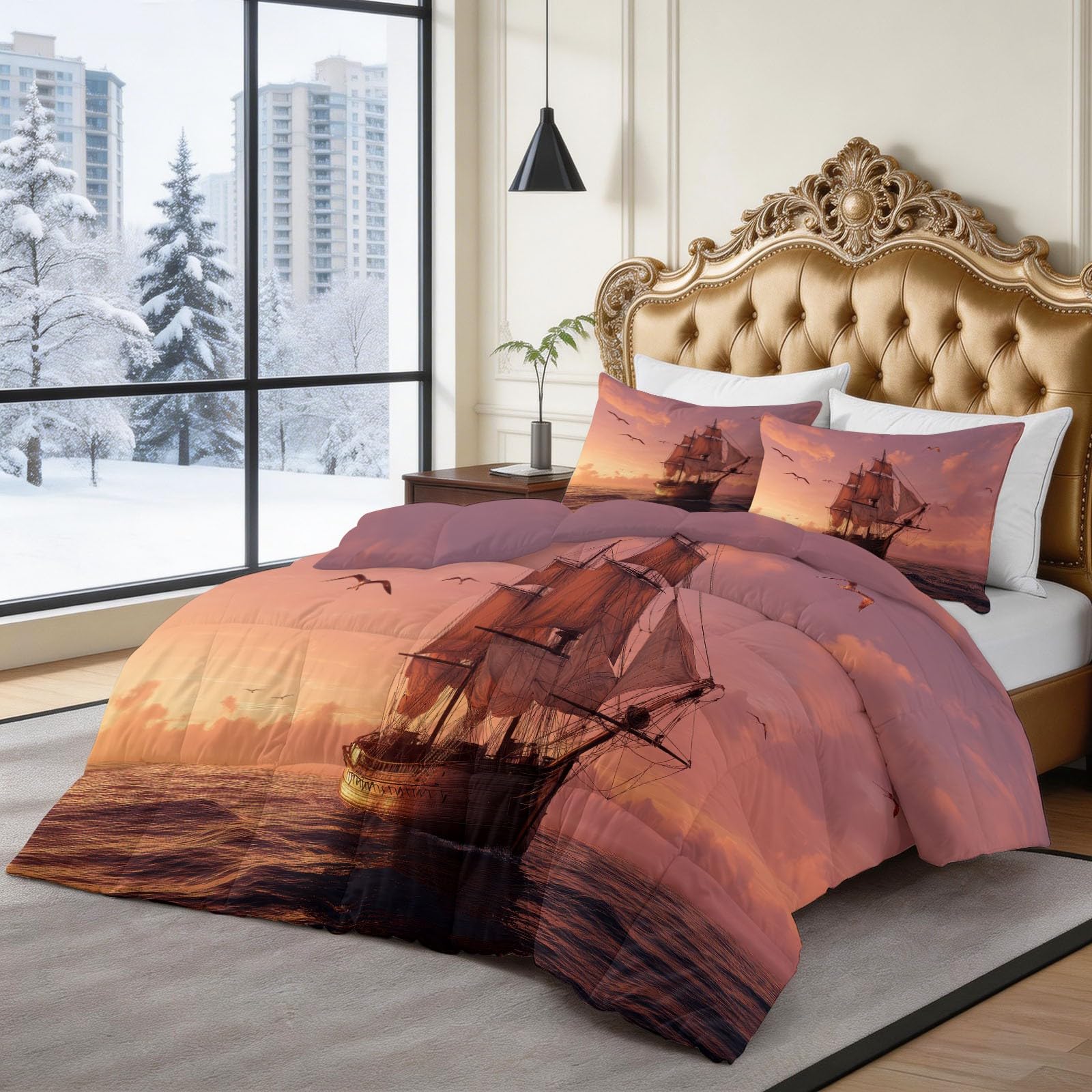 Genérico Komfortowa kołdra 220 x 240 cm styl żeglarski zwierzęta mewy żaglówki Edredon nadruk z wypełnieniem z włókna, nordycka zimowa miękka, lekka, dwustronna i oddychająca, różowa
