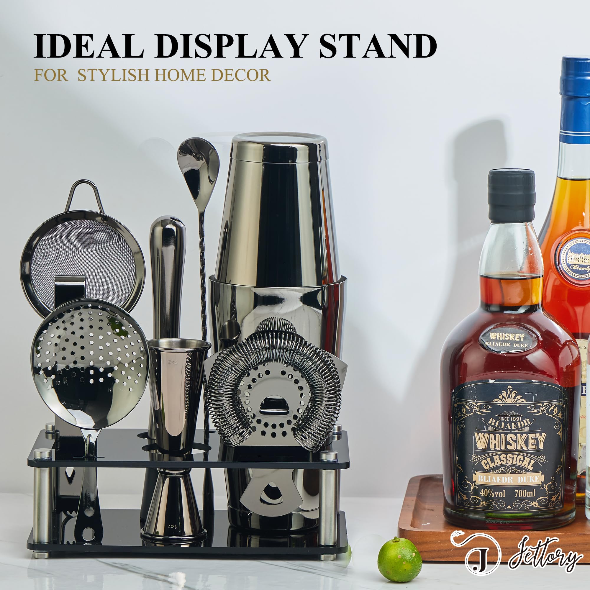 Boston - Juego de 10 cocteleras de acero inoxidable con base acrílica, colador, pinzas para hielo, cuchara de bar, vaso medidor, mortero – Perfecto para el bar en casa (negro)
