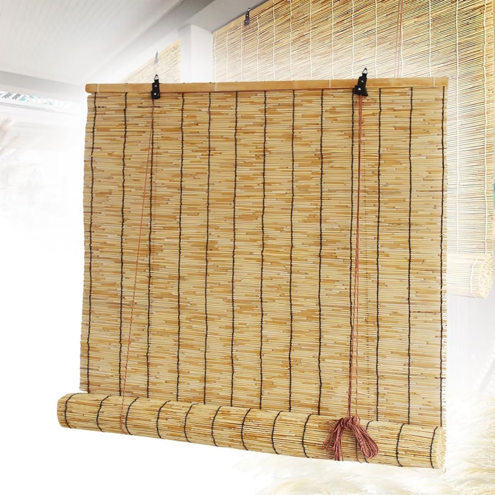 Blackout Roll Up Blinds Bamboo Roller Shades for Outdoor Patio Light Filtering Waterproof Sun Shade for Outdoor Patio, Porch, Pergola, Balcony(140cmx100cm)