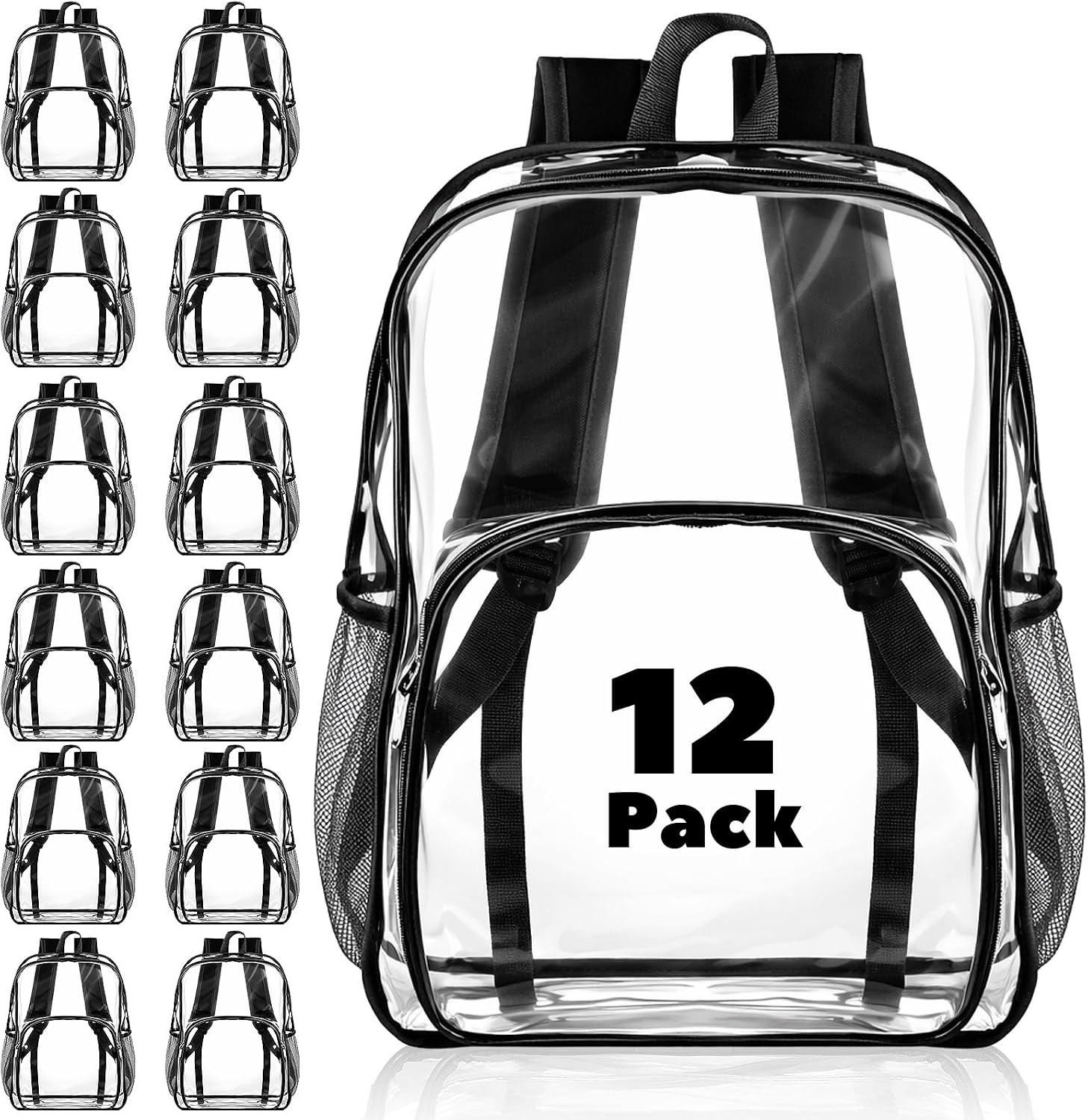 12 Pcs Clear Backpack bulk for Stadium Events Heavy Duty PVC Transparent Bookbag for College Workplace Security (15 Inches,Black)