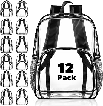 12 Pcs Clear Backpack bulk for Stadium Events Heavy Duty PVC Transparent Bookbag for College Workplace Security 15 Inches,Black