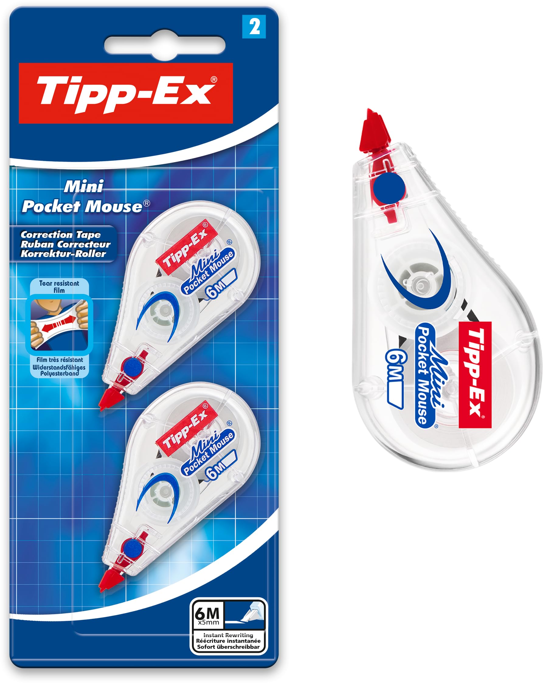 Bic Tipp-Ex Pocket Mini Pocket-Mouse Correction Tapes, With 6M-Long of Extra Tear-Resistant Plastic Tape, Pack of 2, White