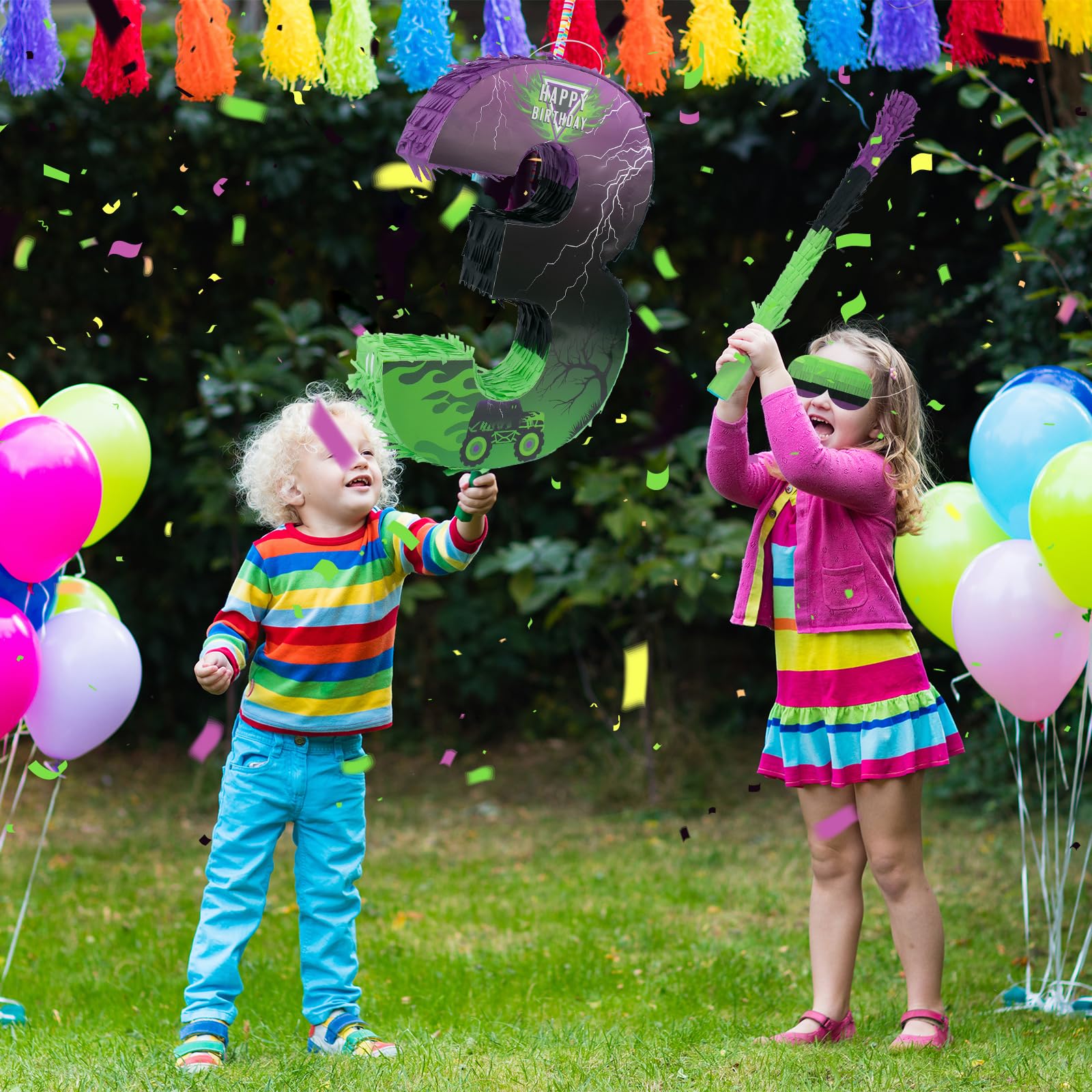 Piñata de coche Monster Truck número 3, piñata verde y morada para decoraciones de fiesta de cumpleaños, número 3 4 con palo para vendar los ojos, pequeño camión monstruo, suministros para fiesta de