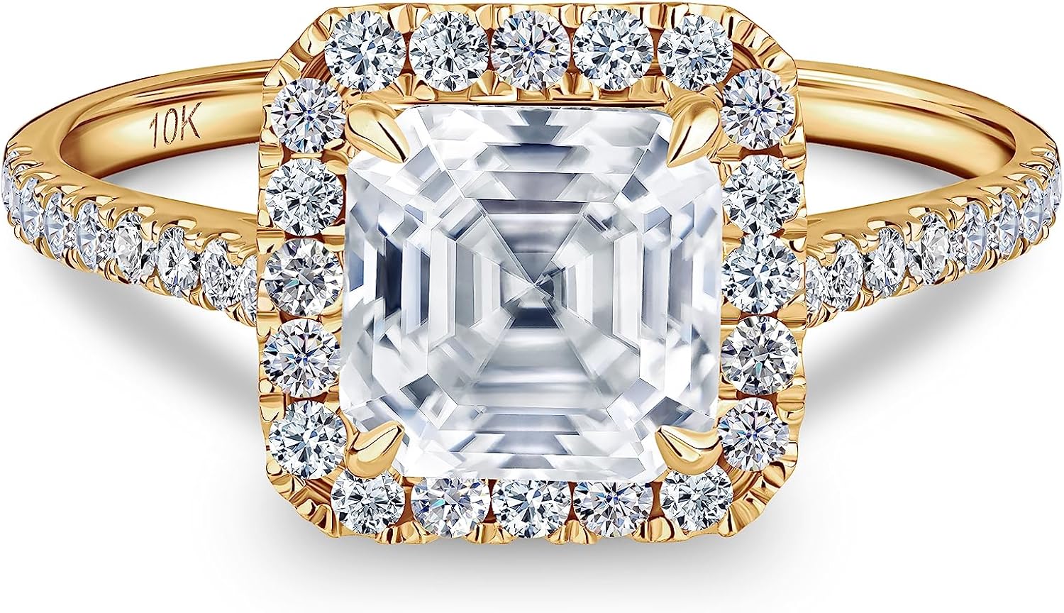 ISAAC WOLF Solid 10k Gold Halo Asscher Cut 2.5 Carat Moissanite Ring Wedding Rings