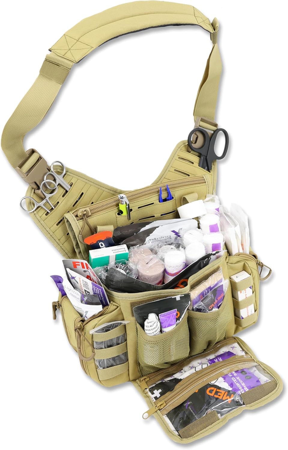 Lightning X Fully Stocked Tactical Shoulder Sling Pack | MB15-SKA | First Aid Responder Medic Kit - TAN