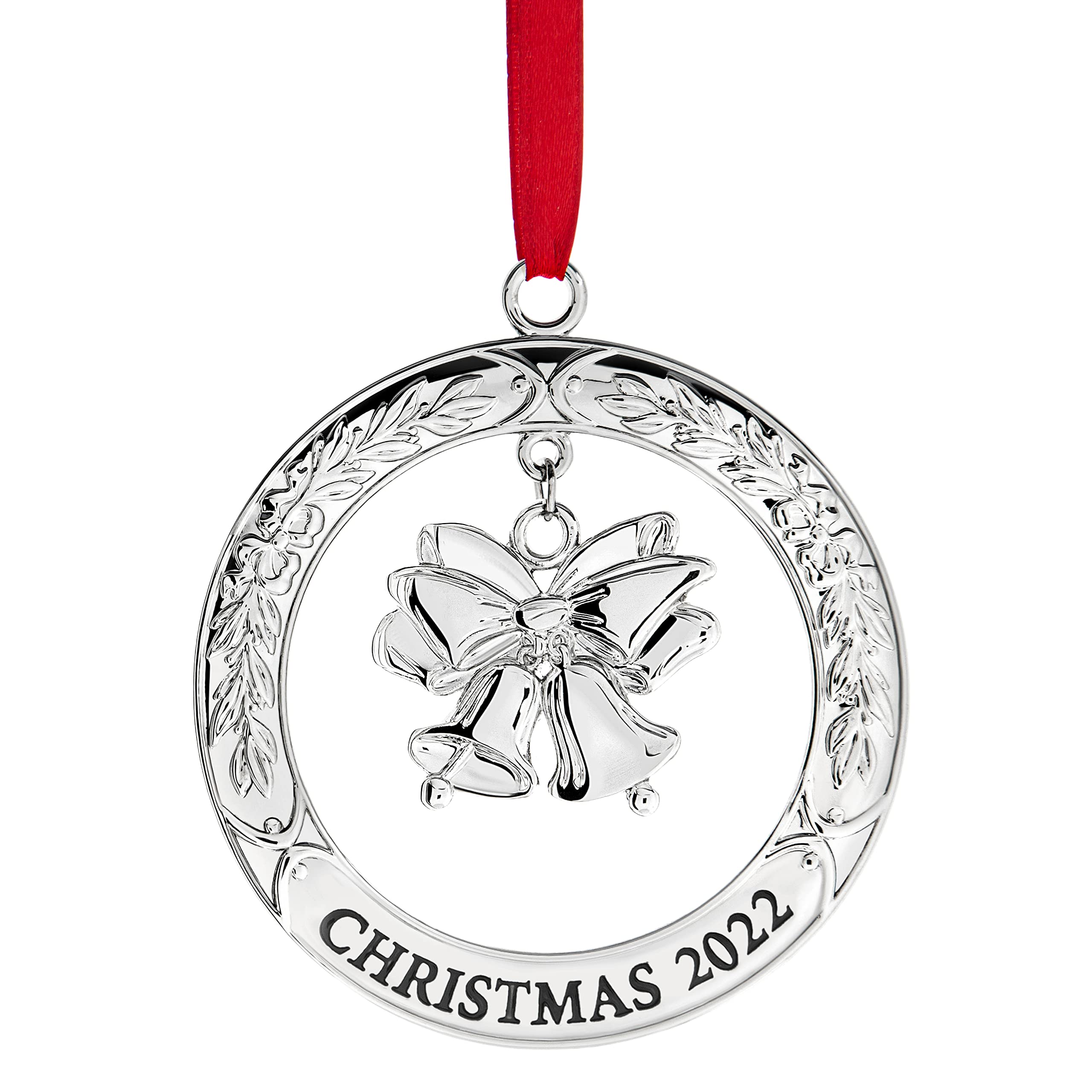 Klikel Christmas Ornament 2022 Shiny Silver Christmas Ornament 2022 Wreath with Bell Dated