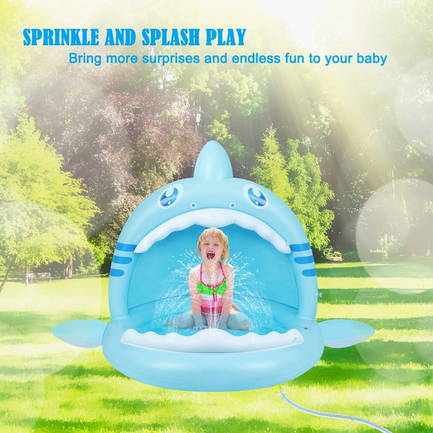 Piscine pour Bébé, Pataugeoire Gonflable Requin pour Jeunes Enfants avec Jet d'eau et Auvent, Aire de Jeux pour Intérieur Extérieur Tente Piscine Pliable Bebe