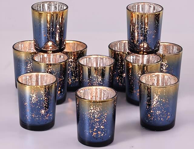 Volens Navy Votive Candle Holders Set of 12, Speckles Mercury Glass Teal...