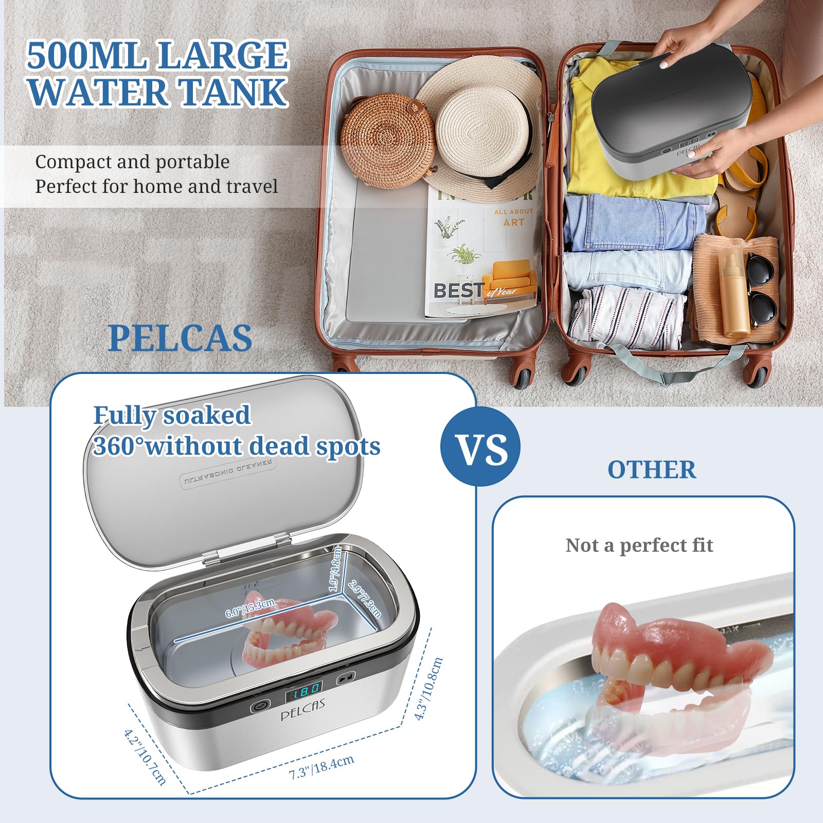 PELCAS Limpiador Ultrasonidos 45KHz 500ml Limpiador Ultrasónico Actualizado 38W Ultrasonidos Limpieza con Pantalla Táctil con 5 Modos de Temporizador para Joyería Dentaduras Postizas Gafas Relojes