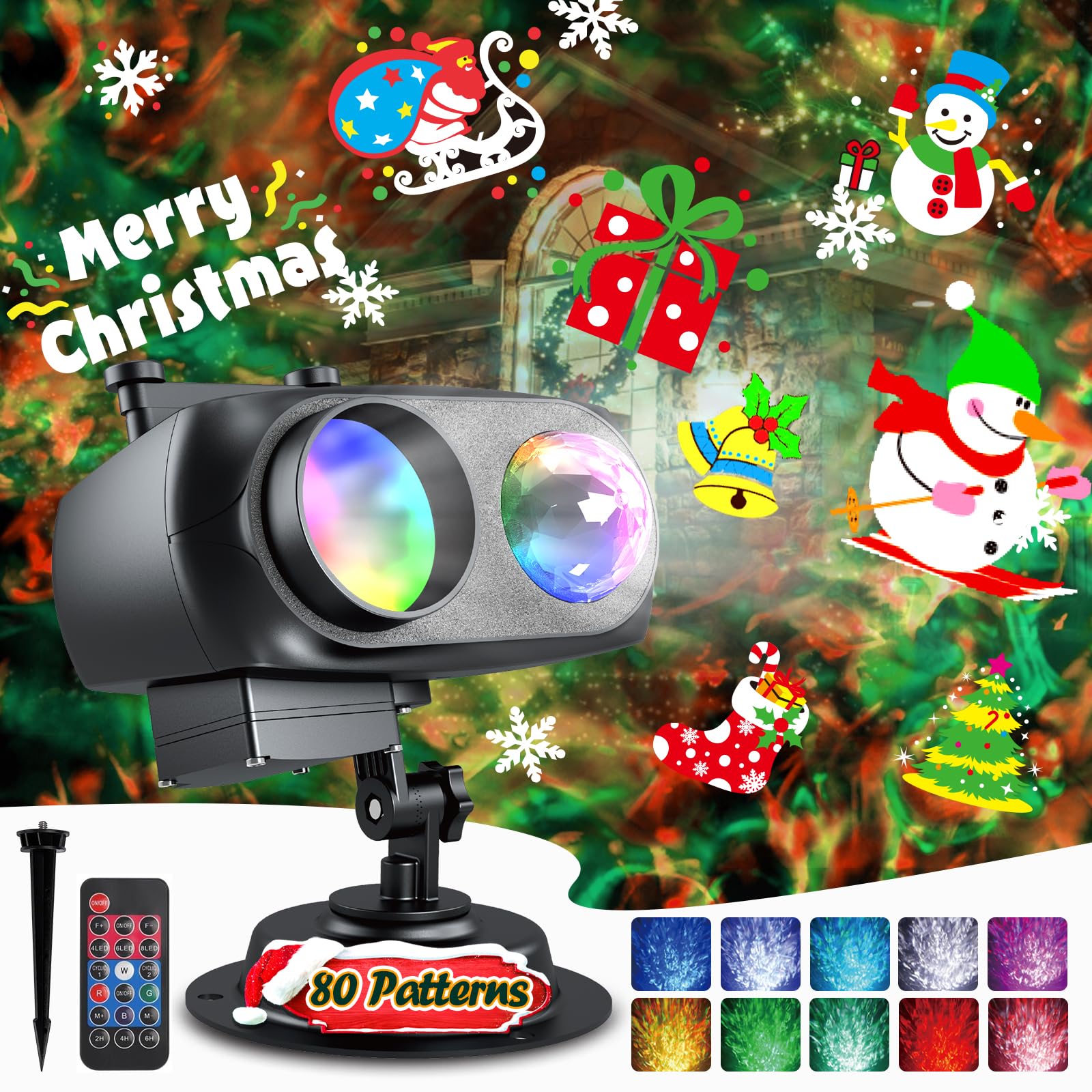 Anysun Projektor Weihnachten Aussen, Schneeflocken Projektor Aussen mit 10 HD-Dias & 80 Cartoon-Motiven, Weihnachtsprojektor Outdoor mit Timer, Lichtprojektor Garten mit Fernbedienung für Dekoration