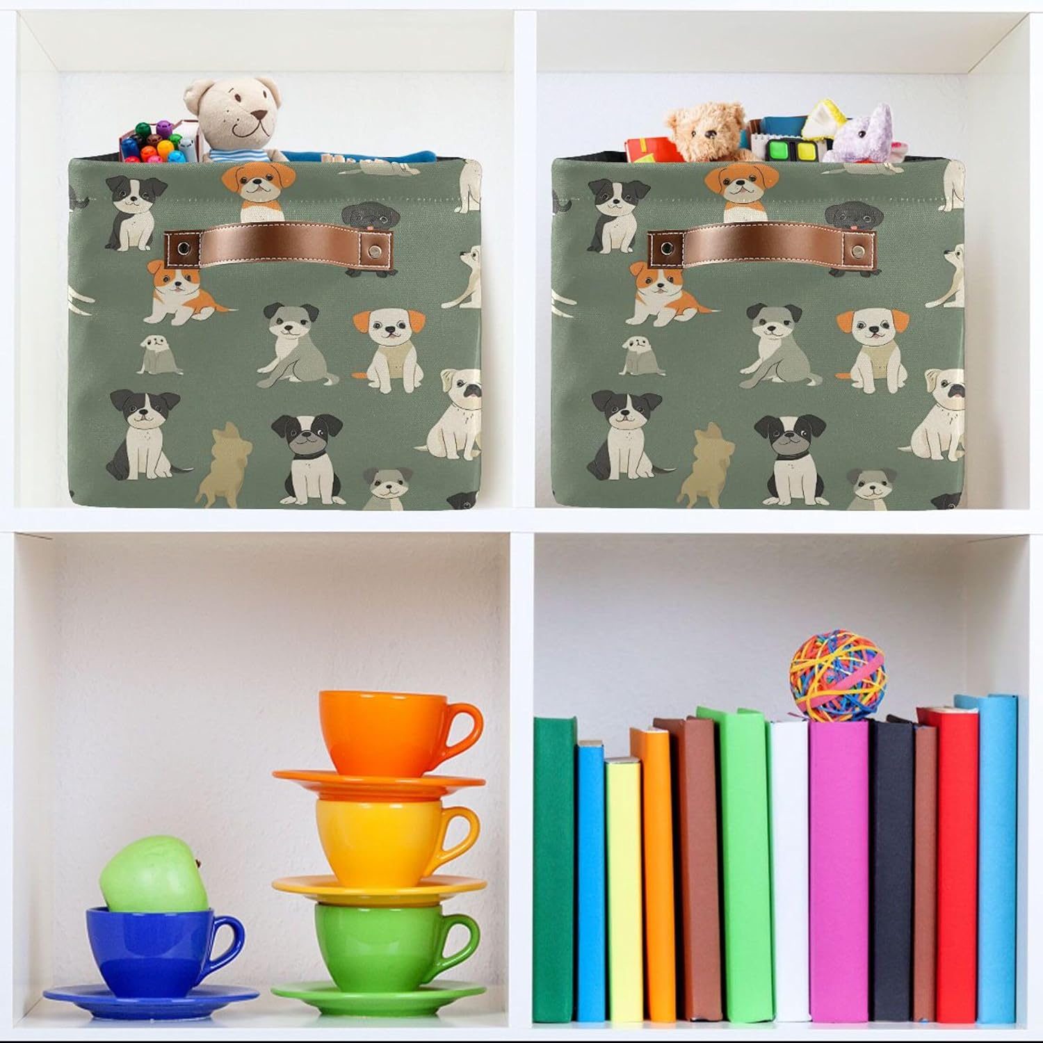 Cartoon Dogs Large Fabric Storage Basket Closet Storage Bin with Handles for Shelves Clothes Storage, Books Storage Basket Small Item Organizer 14.2×10.2 in/2 pack