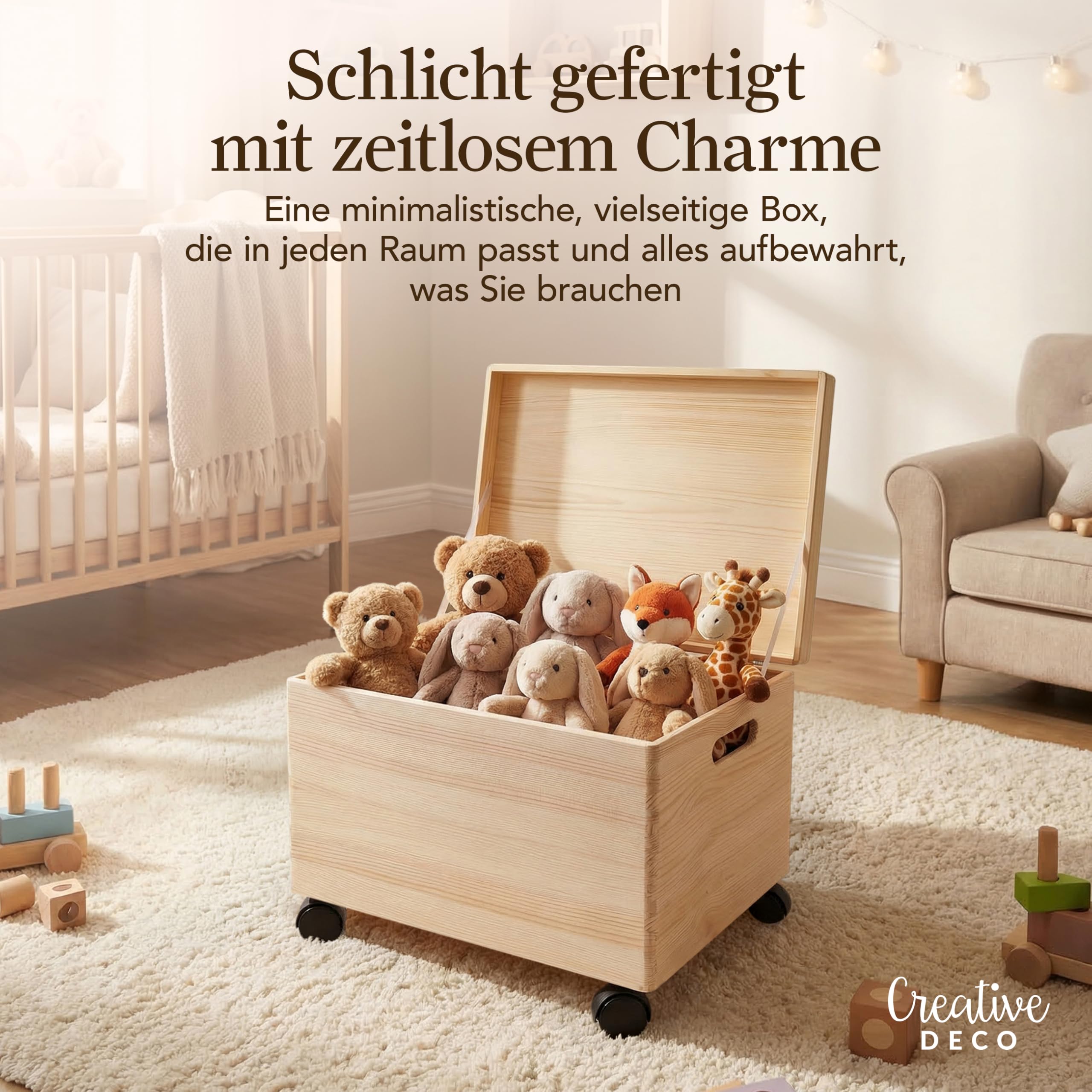 Creative Deco XXL Große Holzkiste mit Deckel und Rollen | 40x30x24 cm | (+/-1cm) | Ostern Holztruhe Erinnerungsbox Baby Holzbox mit Deckel und Griffen | Leicht zu transportieren | ROH UNGESCHLIFFEN
