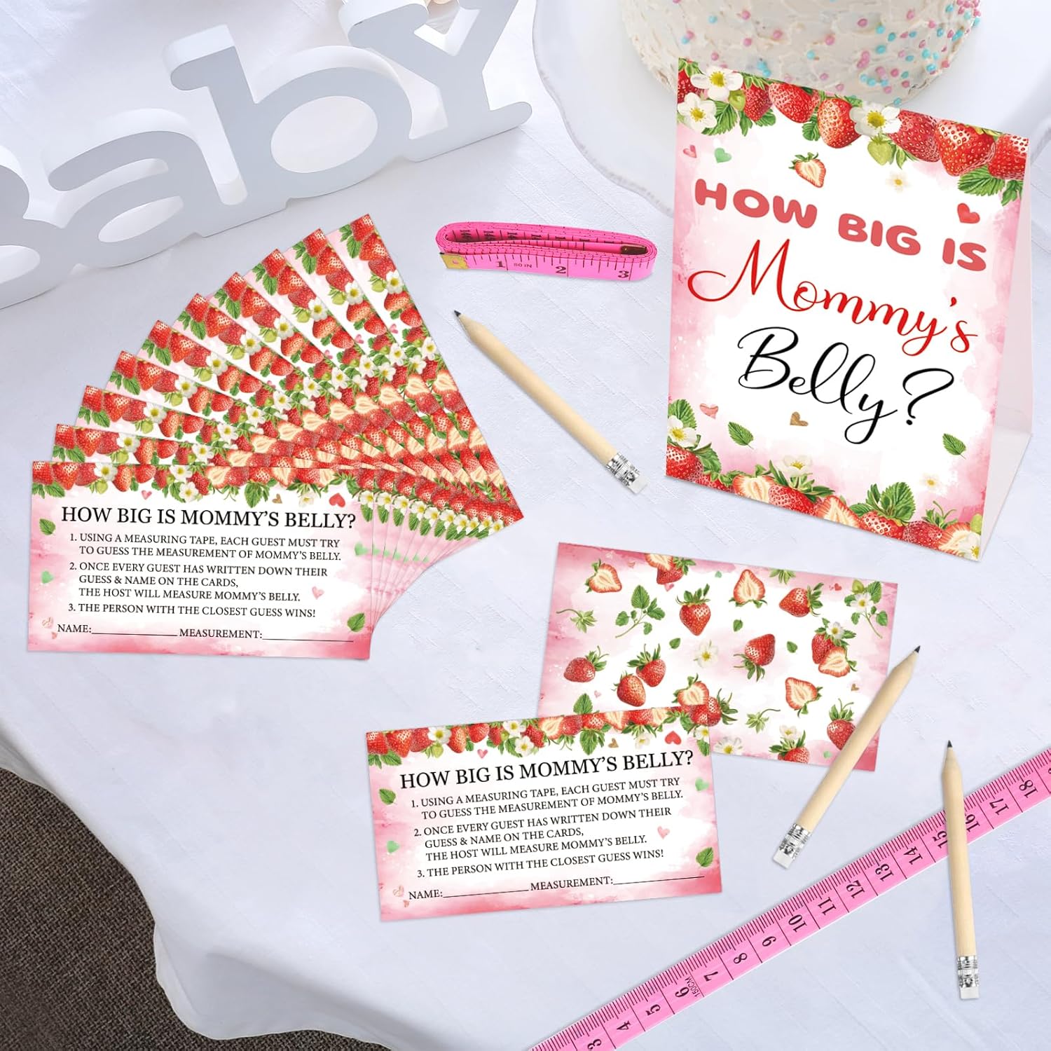 WNINK Guess Baby Shower Games Set – How Big is Mommy's Belly Sign, 64 Pcs Measure Bump Game with 50 Guessing Cards, 10 Pencils, and 3 Measuring Tapes for Baby Shower Gender Reveal Party (Strawberry)