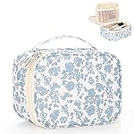Relavel Travel Makeup Bag, Mini Floral Cosmetic Bag with 2 Makeup Brush Holders, Portable Makeup Pouch for Women, Cute Toiletry Bag with Double Layer Organizer, Blue Flower-Smaller