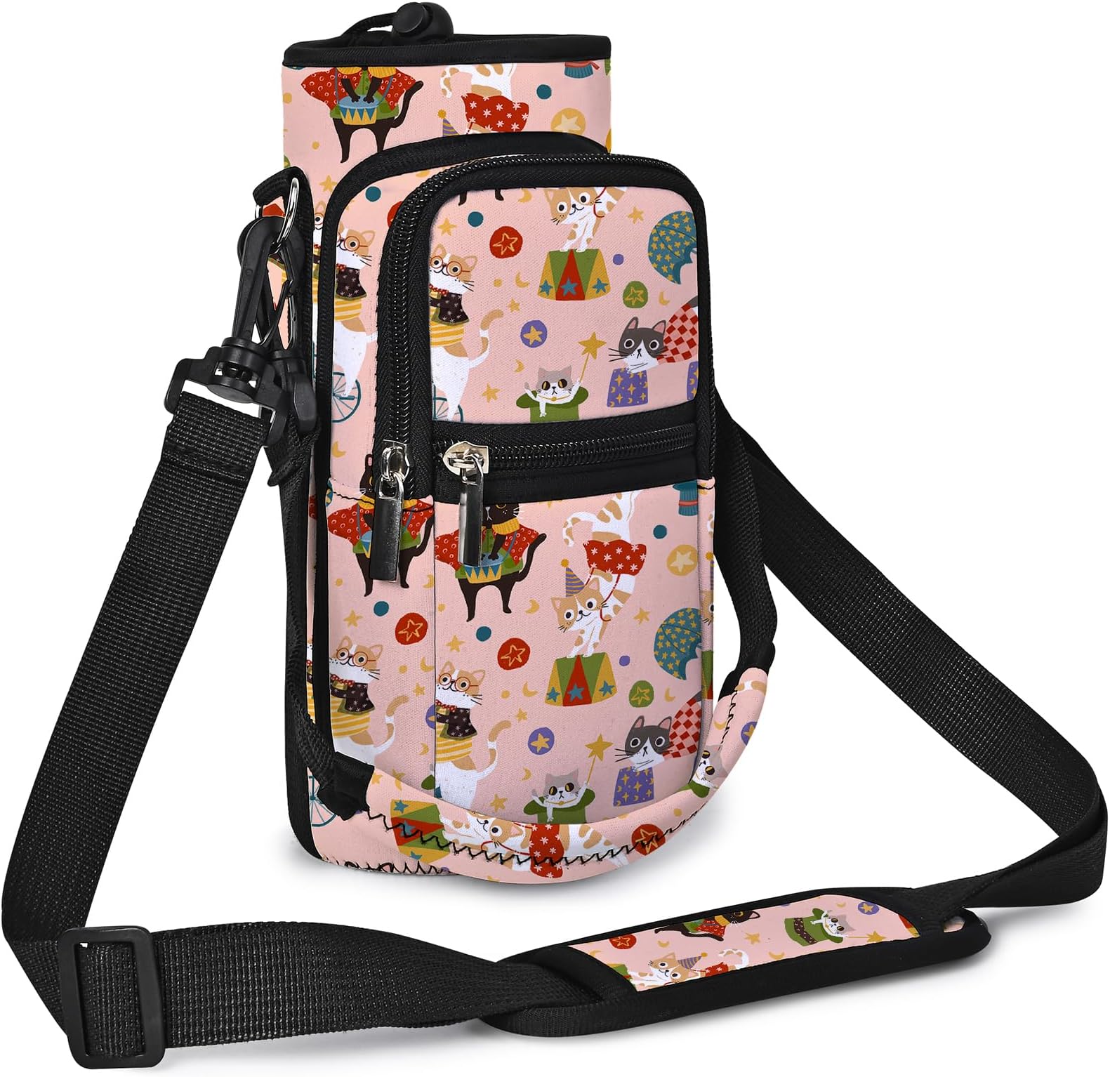 AUPET Water Bottle Sling Bag Sleeve Holder Carrier 25/32/40/64 oz,Insulated Crossbody Water Bottle Case Cover with Strap and Pockets for Men/Women Walking Hiking (Cute Cat Circus, 25oz)