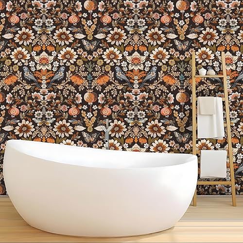 Miniatura 8 de Papel tapiz floral para despegar y pegar, papel de pared bohemio extraíble, impermeable, papel de contacto con pájaros oscuros para dormitorio,